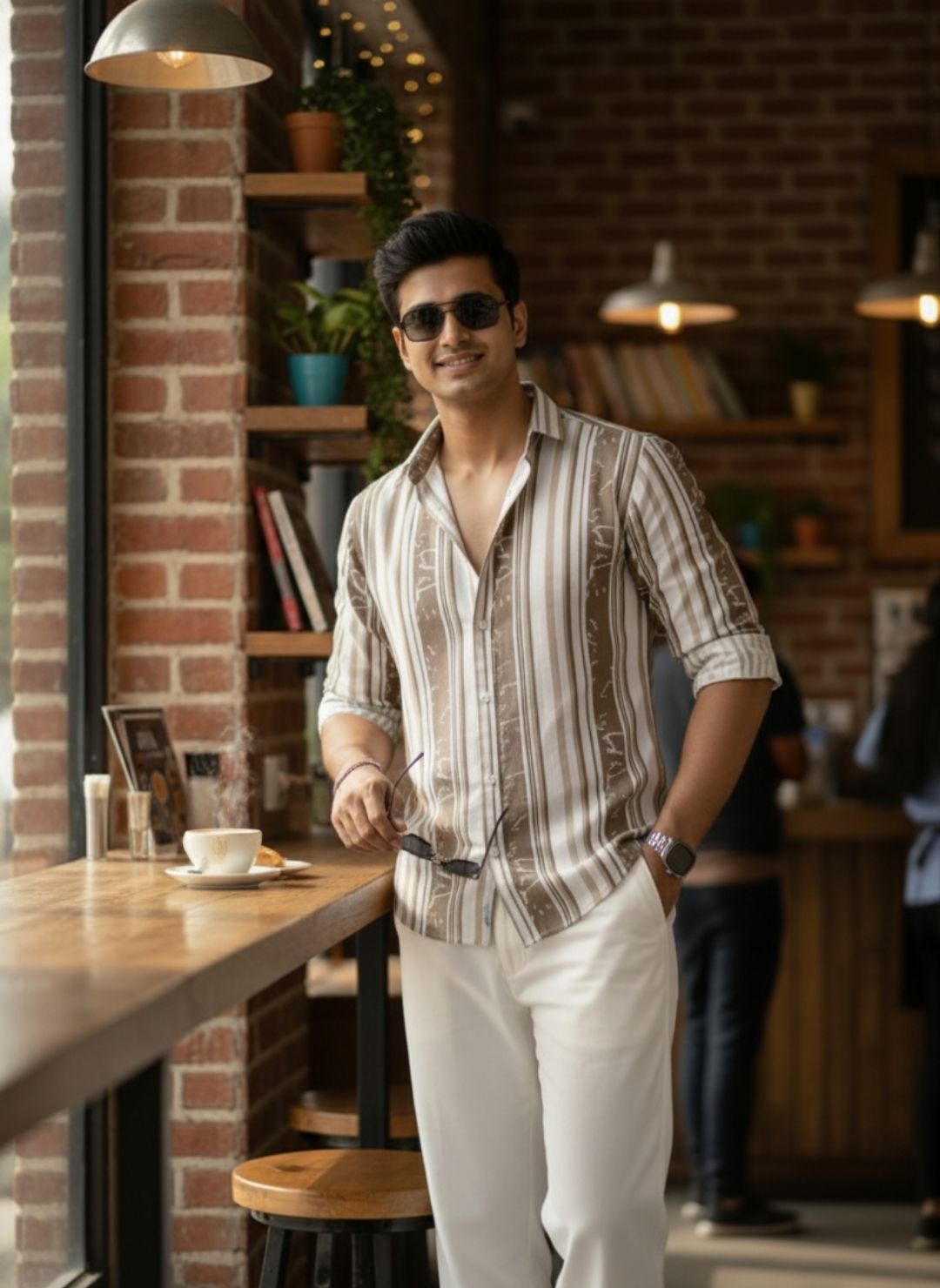 Men's Sand Beige Textured Multi-Color Striped