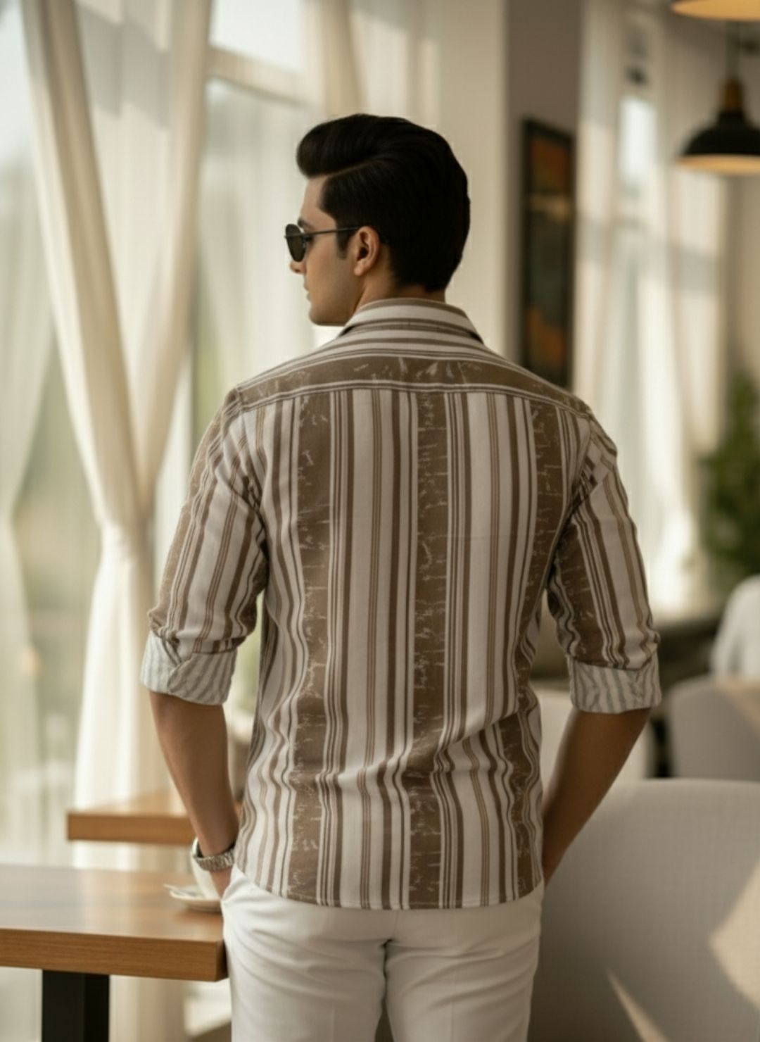 Men's Sand Beige Textured Multi-Color Striped