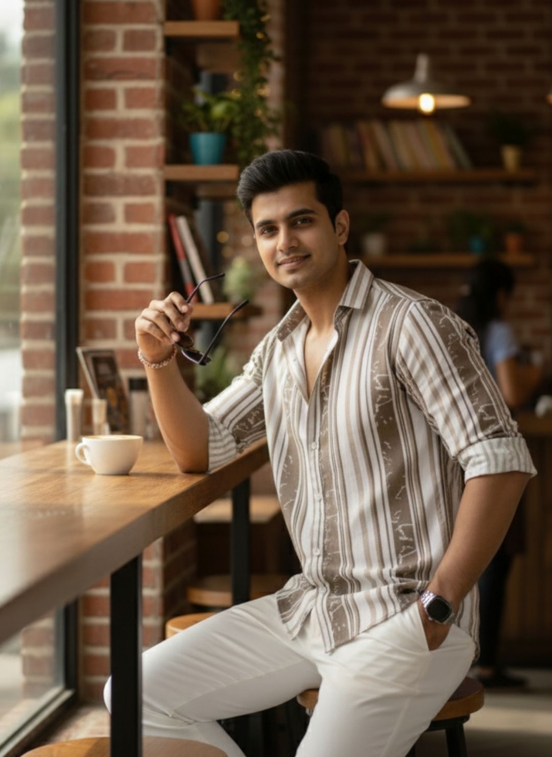 Men's Sand Beige Textured Multi-Color Striped