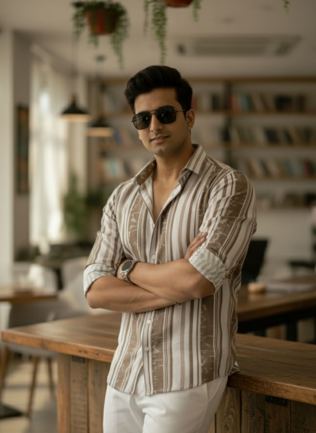 Men's Sand Beige Textured Multi-Color Striped