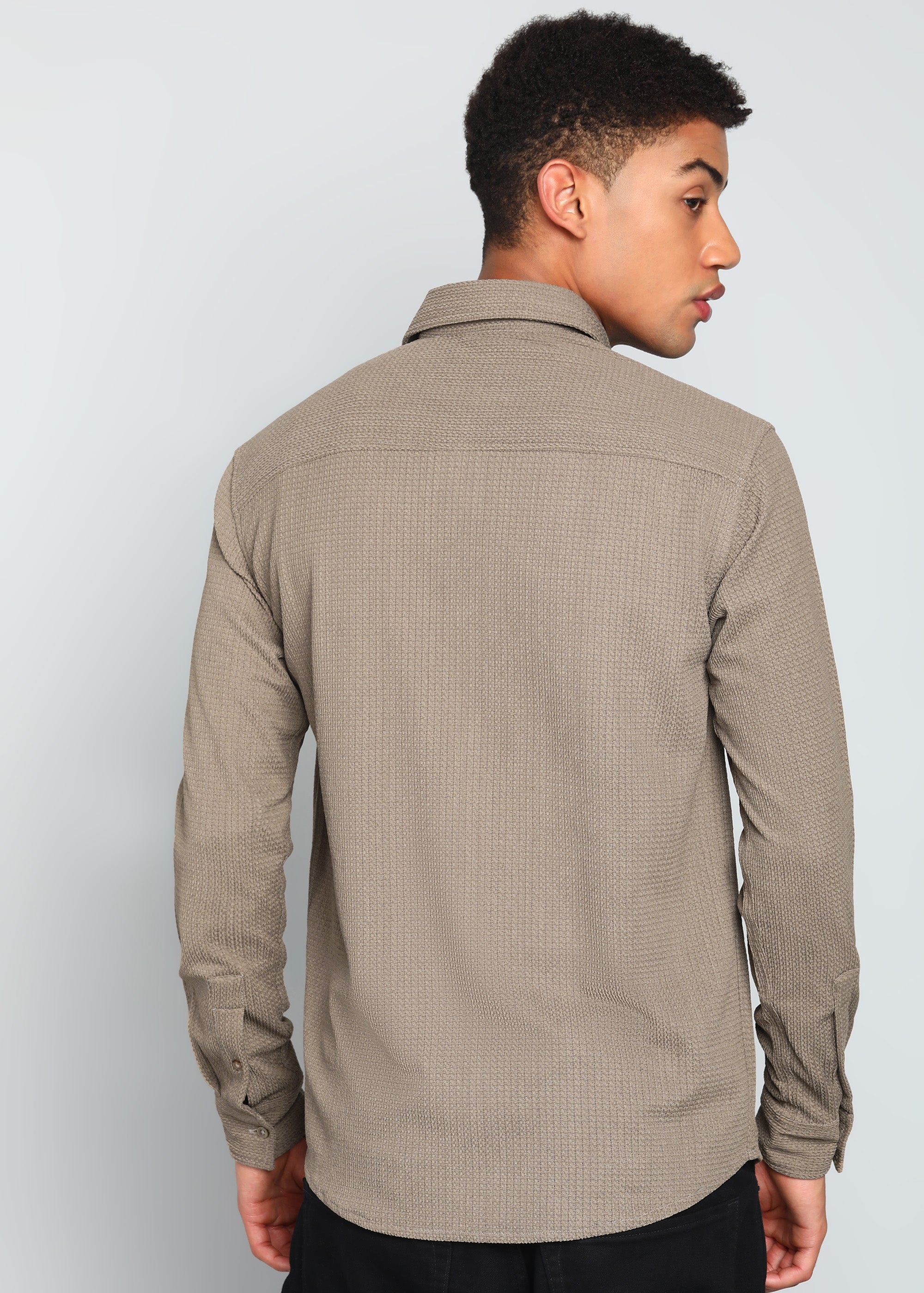 Men’s Beige Textured Regular Fit Shirt with Floral Chest Embroidery