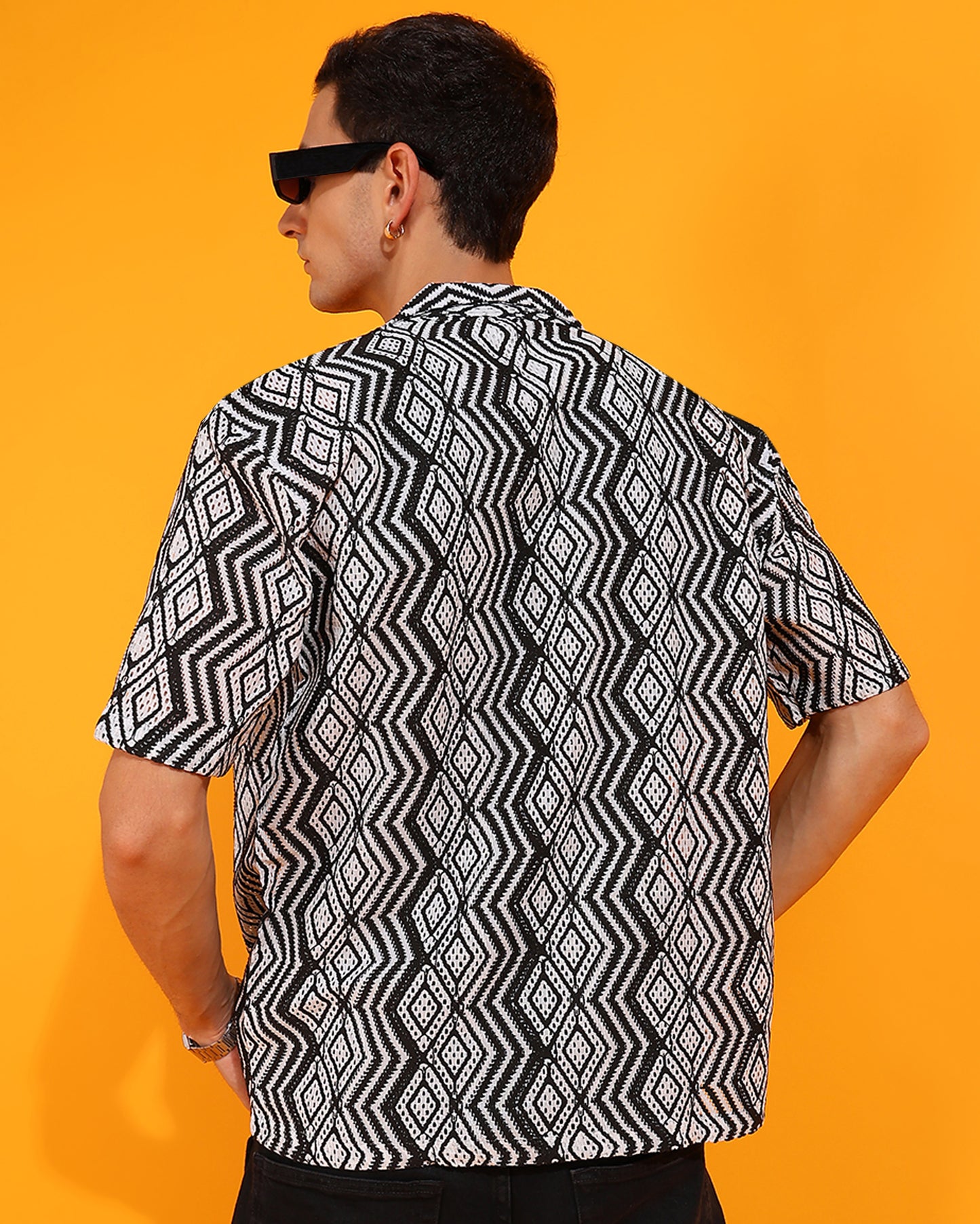 Rhombus Pattern Black and White Crochet Shirt