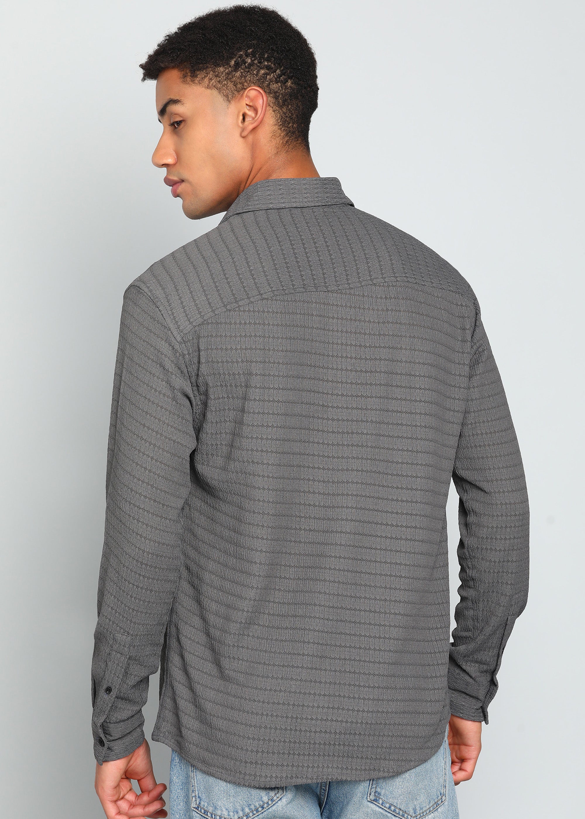 Men’s Grey Textured Polyester Long-Sleeve Shirt with Multi-Color Flower Embroidery