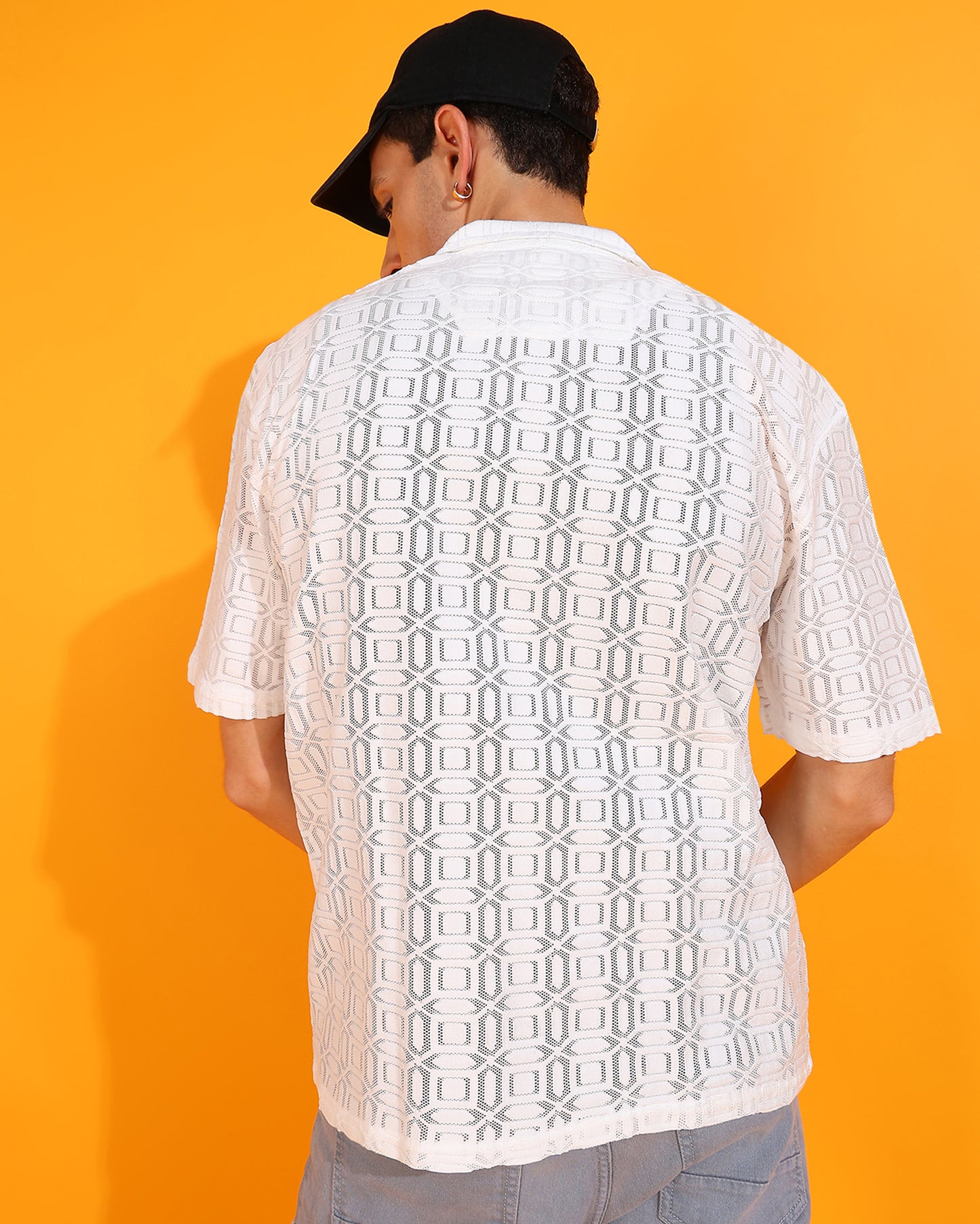 White Crochet Hexagon Pattern Shirt