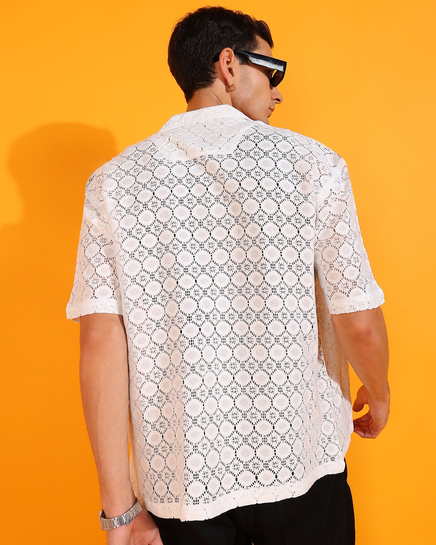 White Crochet Hexagon Pattern Shirt