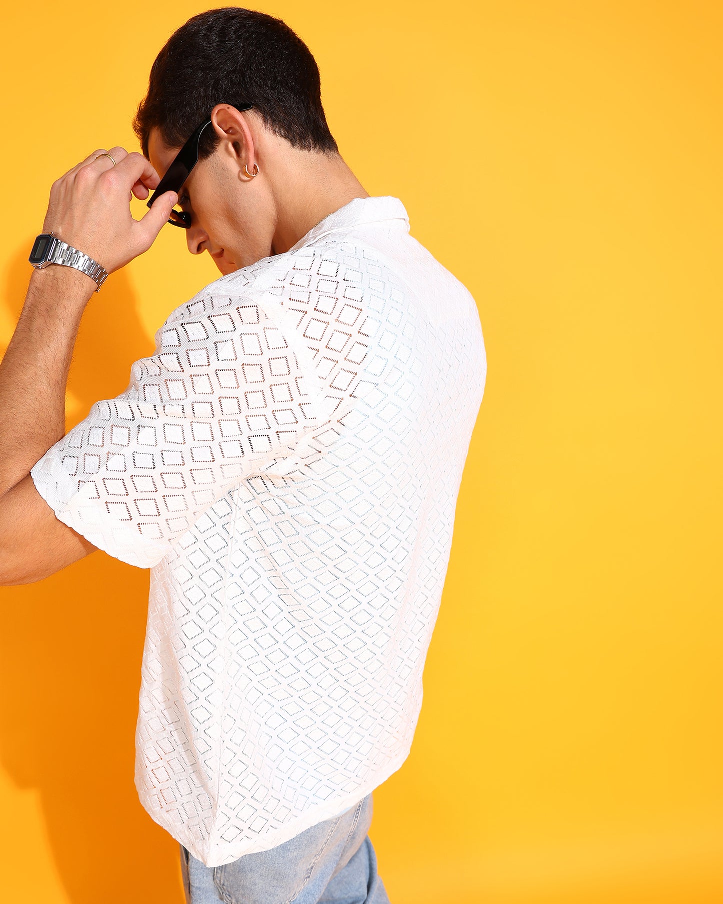 White Crochet Rhombus Pattern Shirt