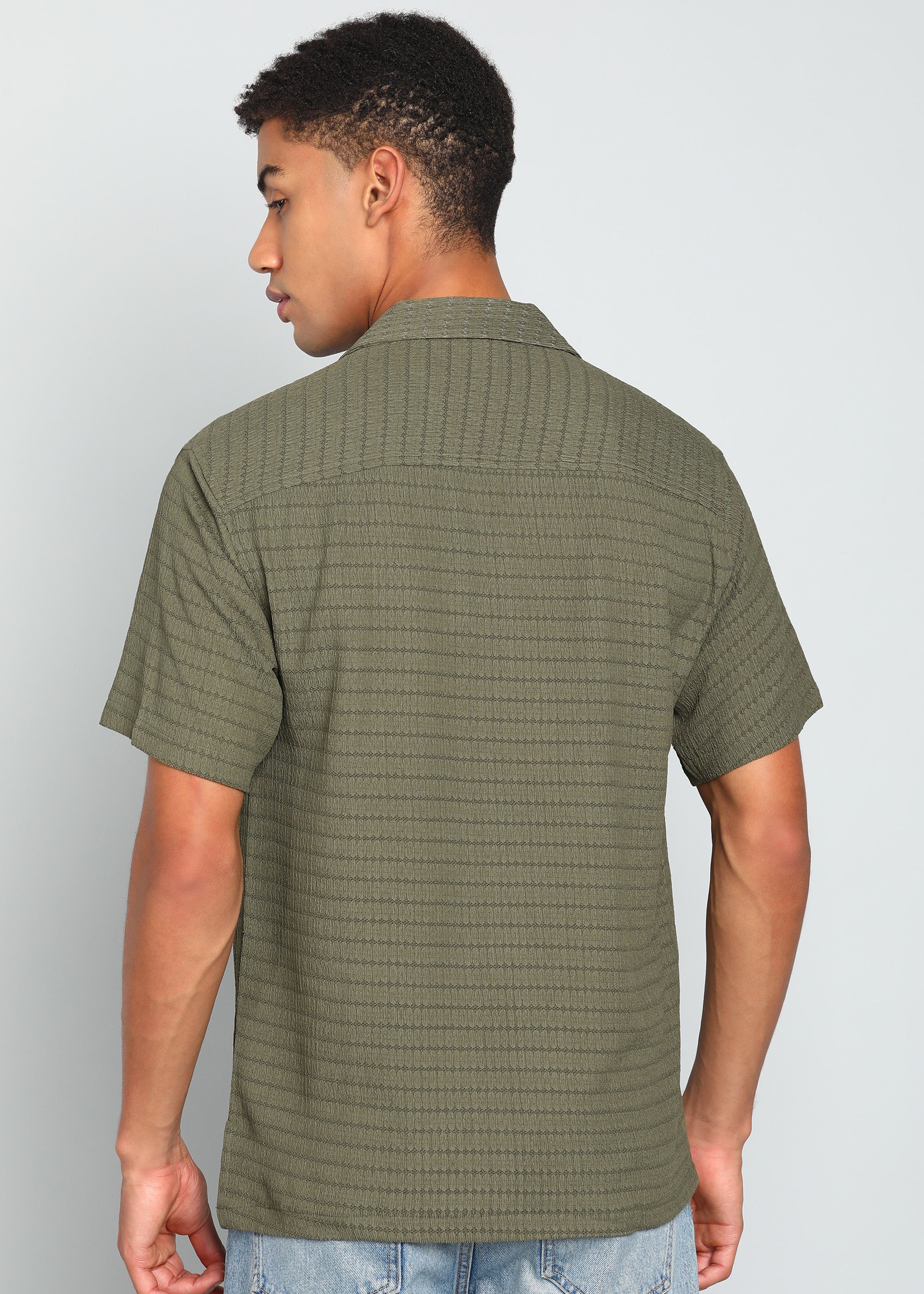 Men’s Olive Green Textured Short-Sleeve Cuban Shirt with Floral Embroidery