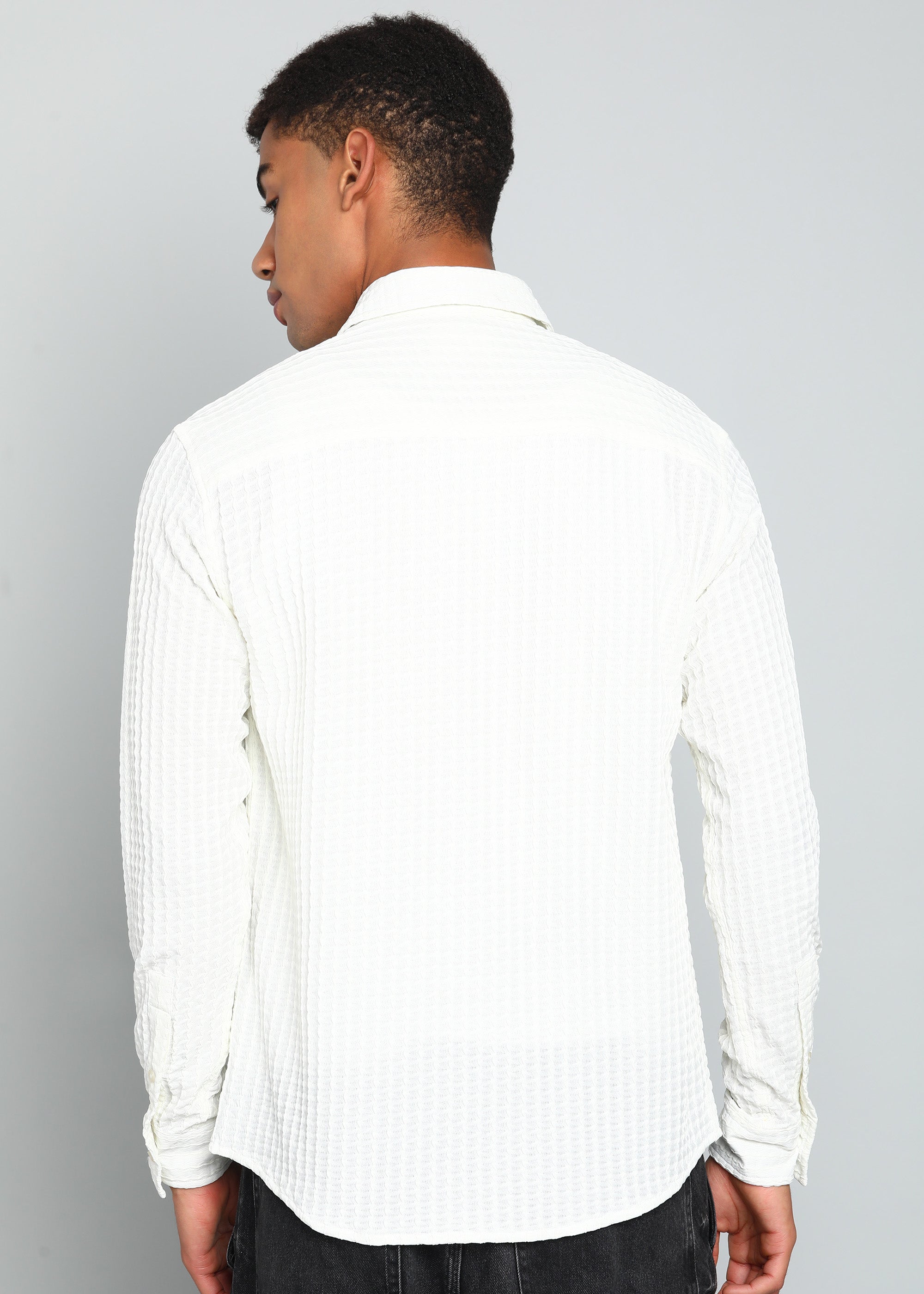 Men’s White Textured Polyester Long Sleeve Shirt with Contrast Graphic Patch