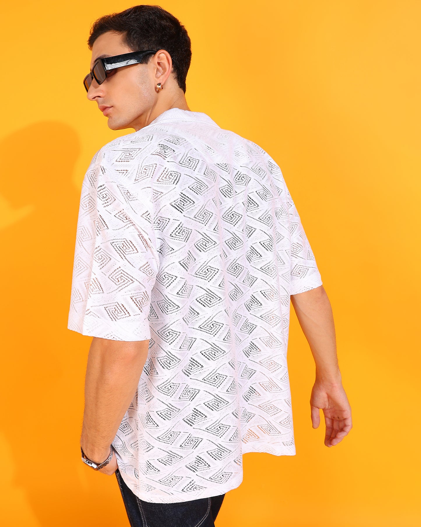 Geomatric White Crochet Square Pattern Shirt