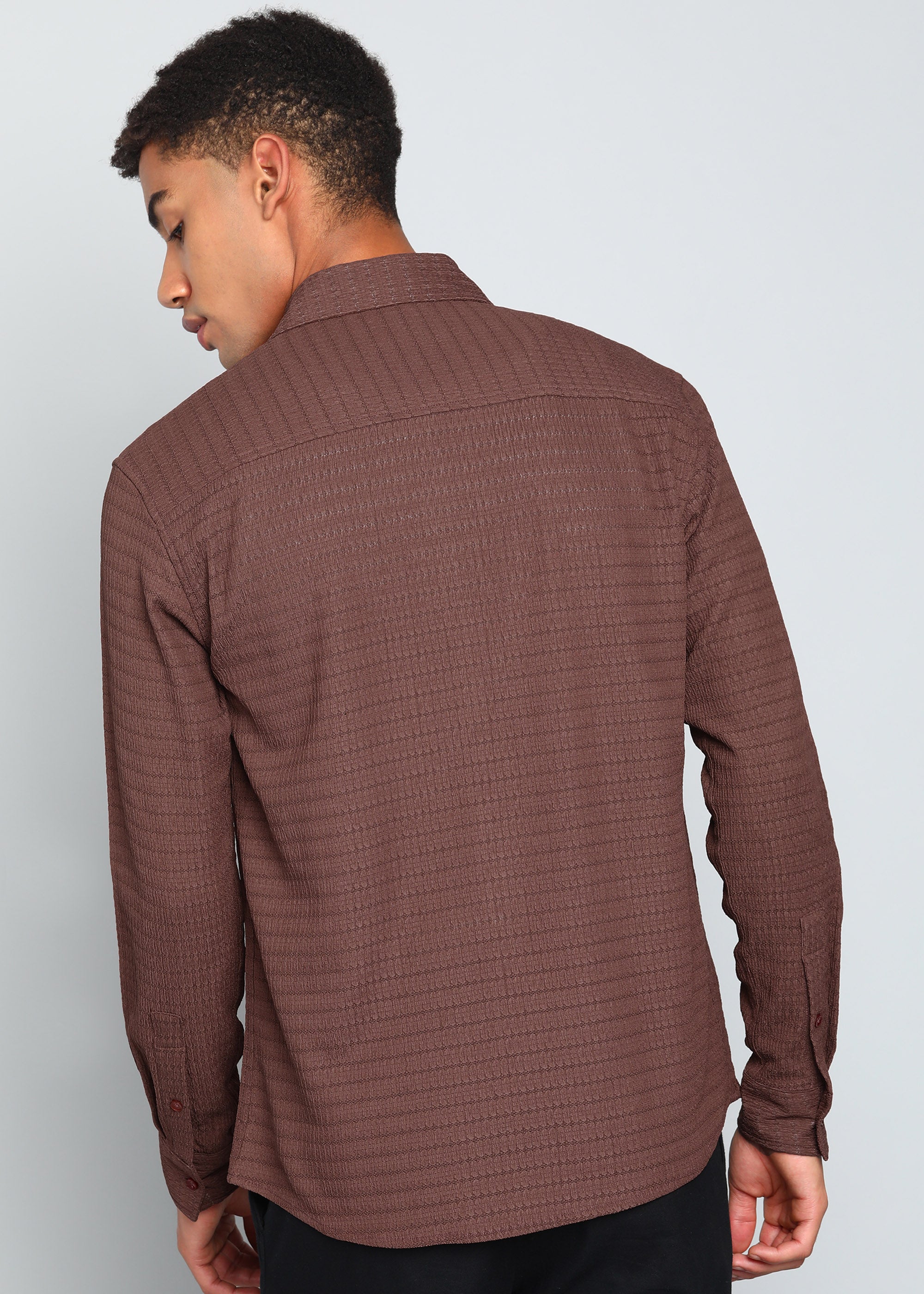 Men’s Brown Textured Polyester Long-Sleeve Shirt with Floral Embroidery