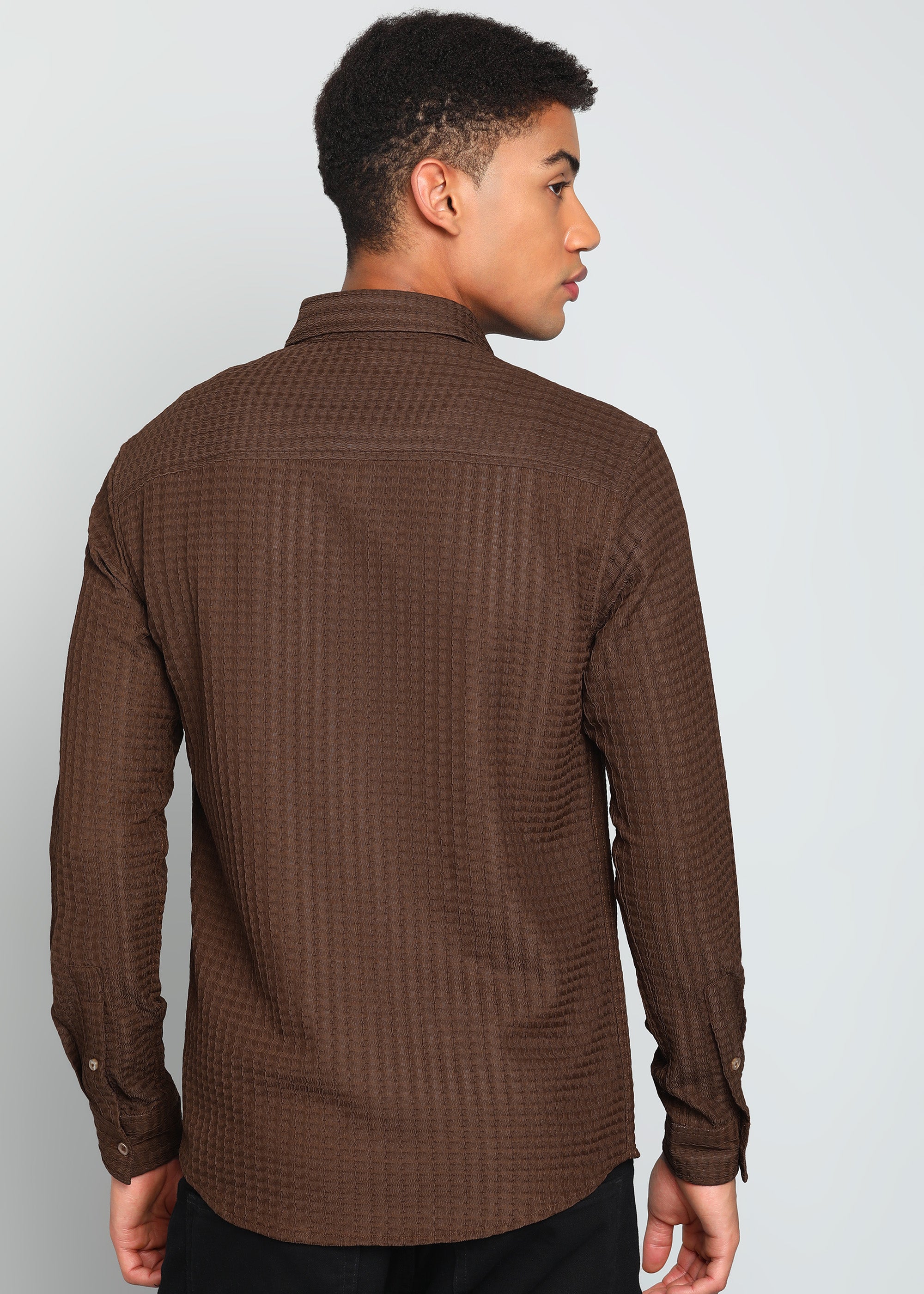 Men’s Brown Textured Polyester Long Sleeve Shirt with Contrast Graphic Patch