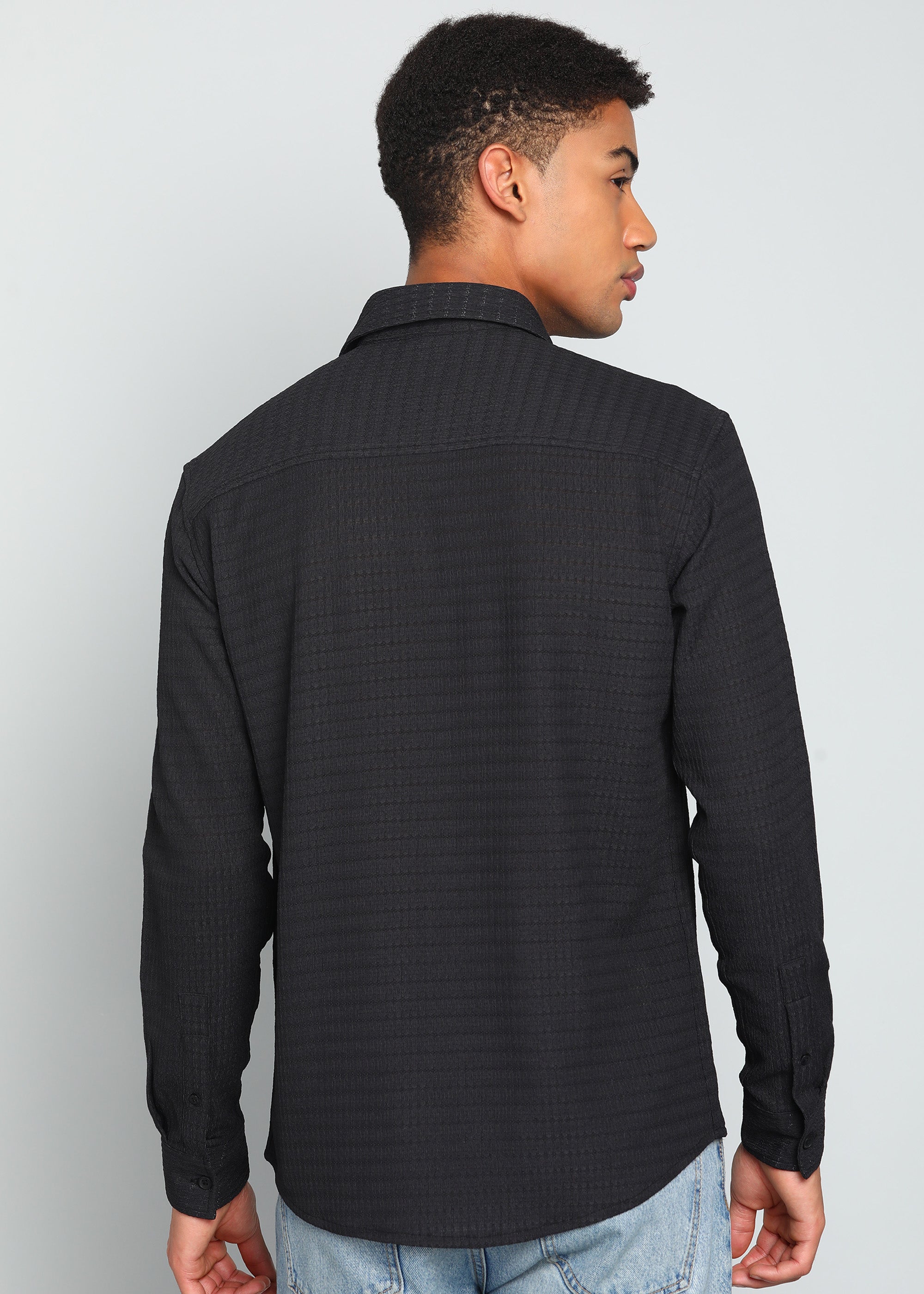 Men’s Black Textured Polyester Long-Sleeve Shirt with Floral Chest Embroidery