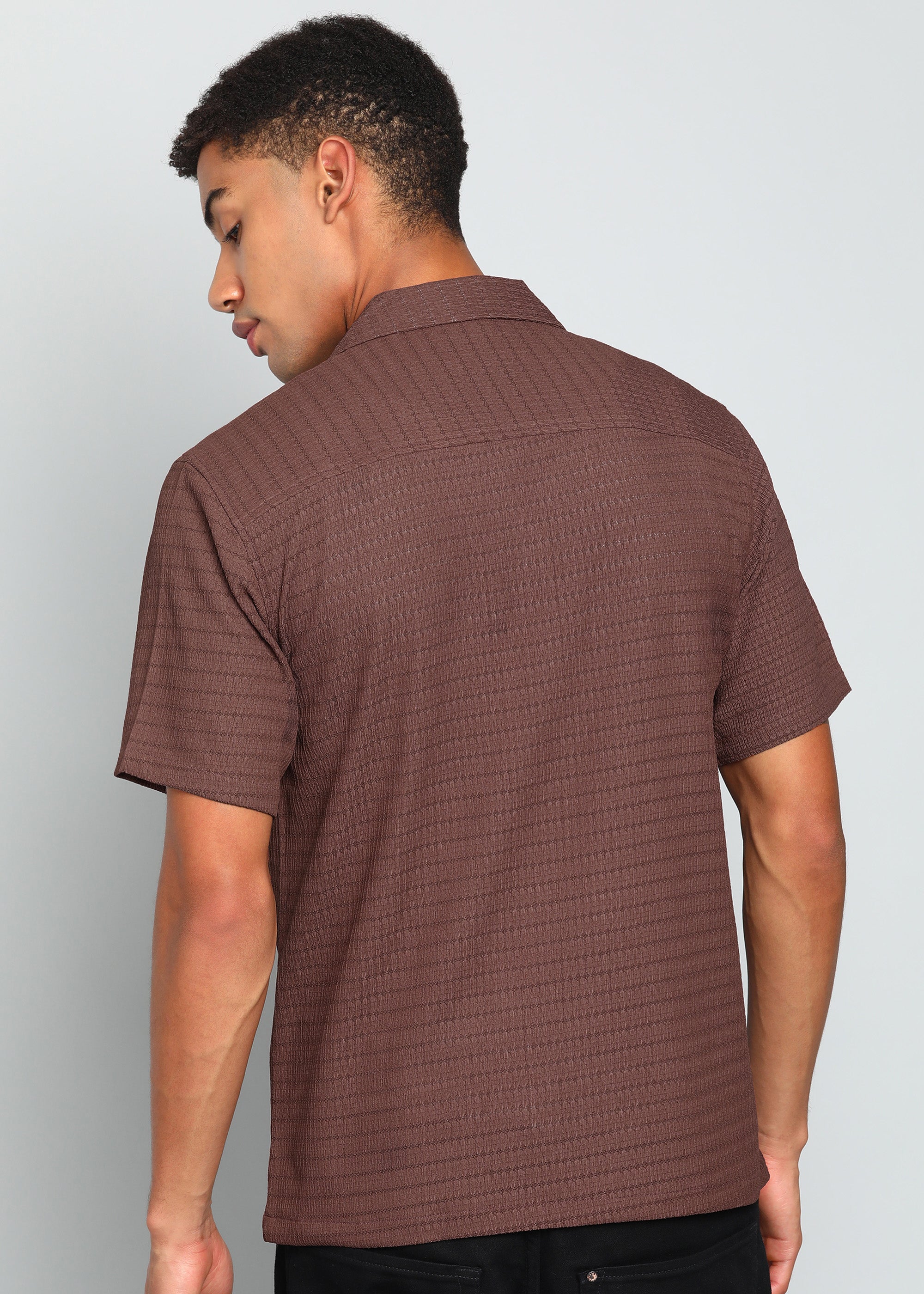 Men’s Maroon Textured Short-Sleeve Cuban Shirt with Floral Embroidery