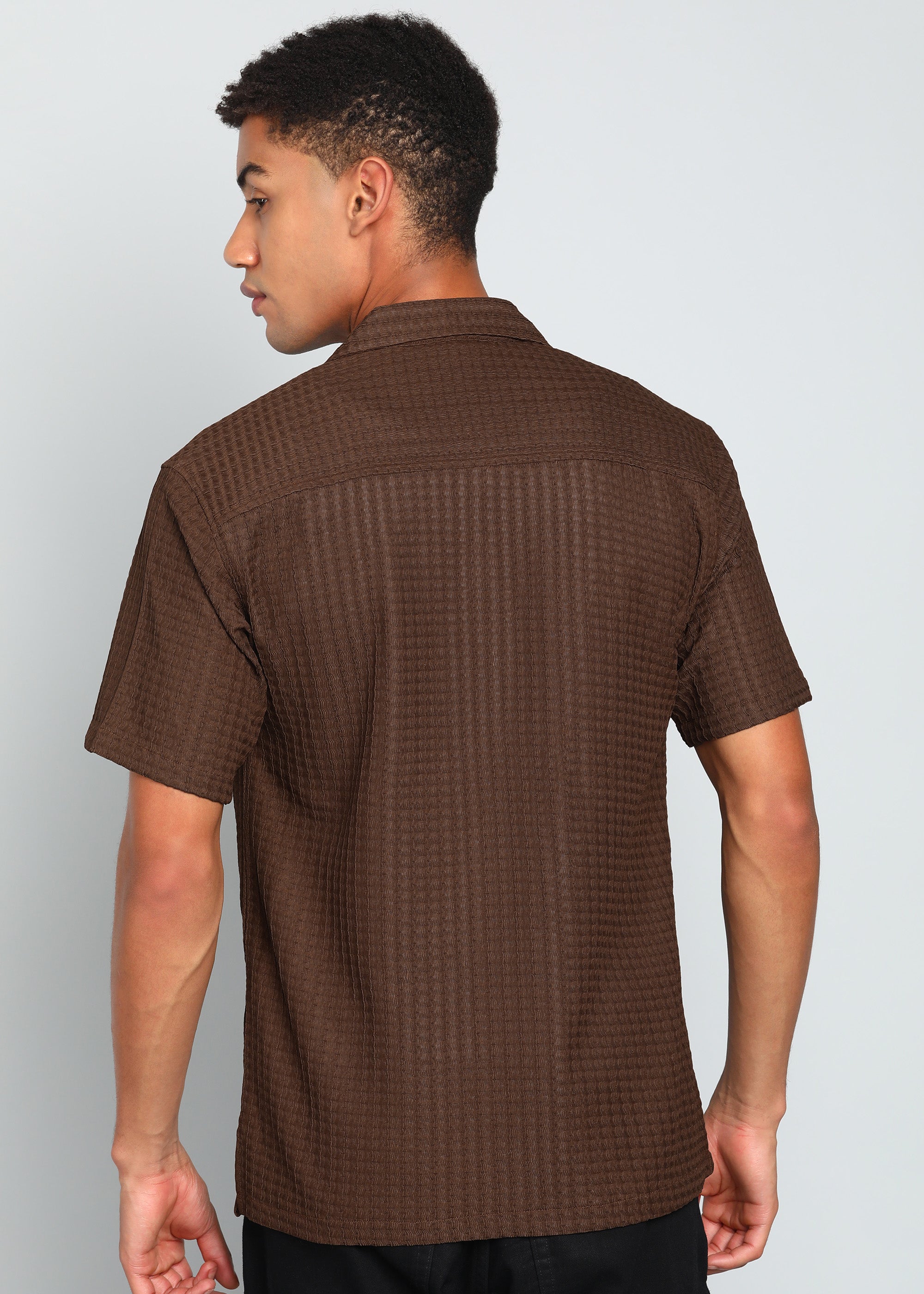 Men’s Brown Textured Seersucker Cuban Collar Shirt with Palm Embroidery