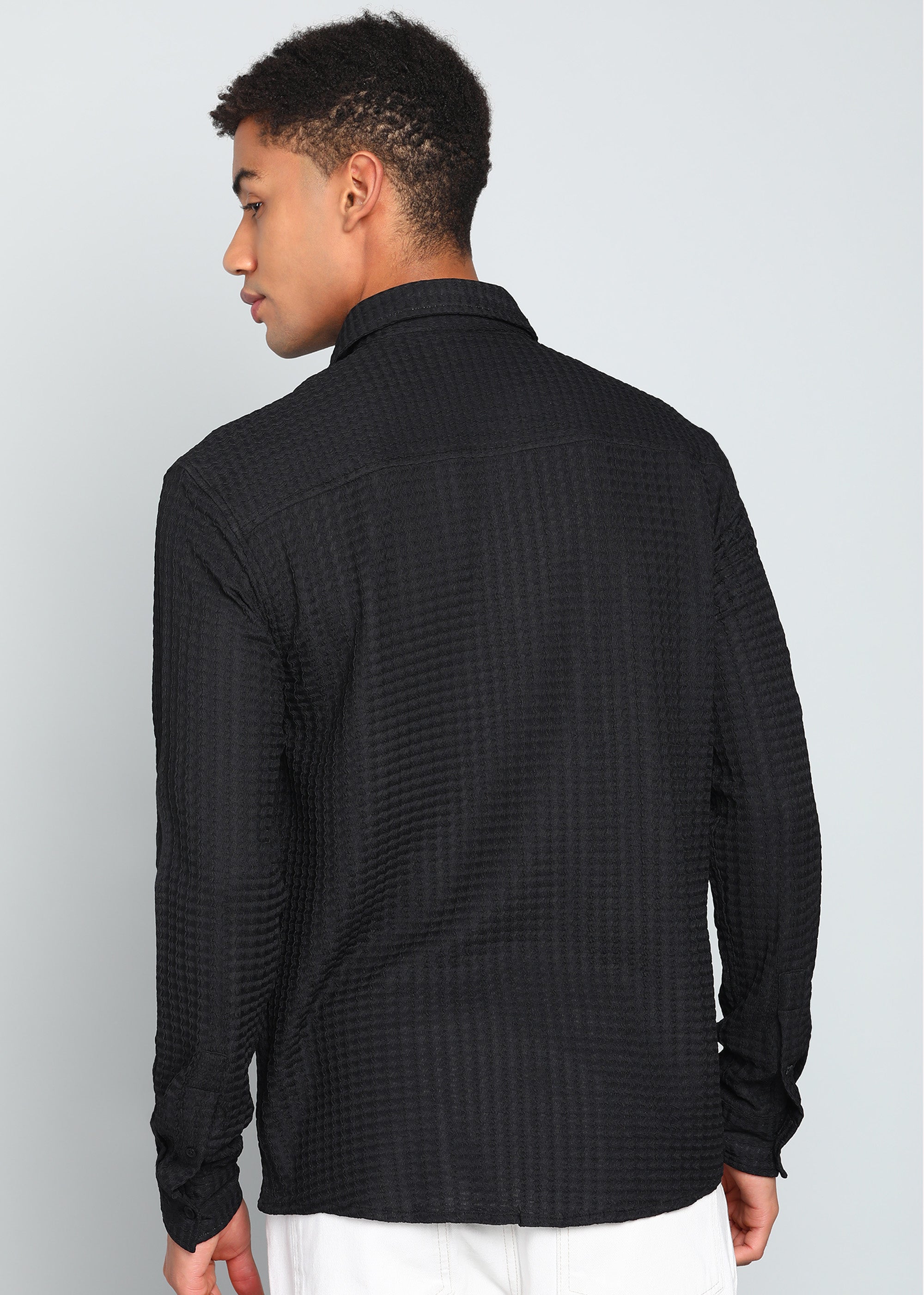 Men’s Black Textured Polyester Long Sleeve Shirt with Contrast Graphic Patch