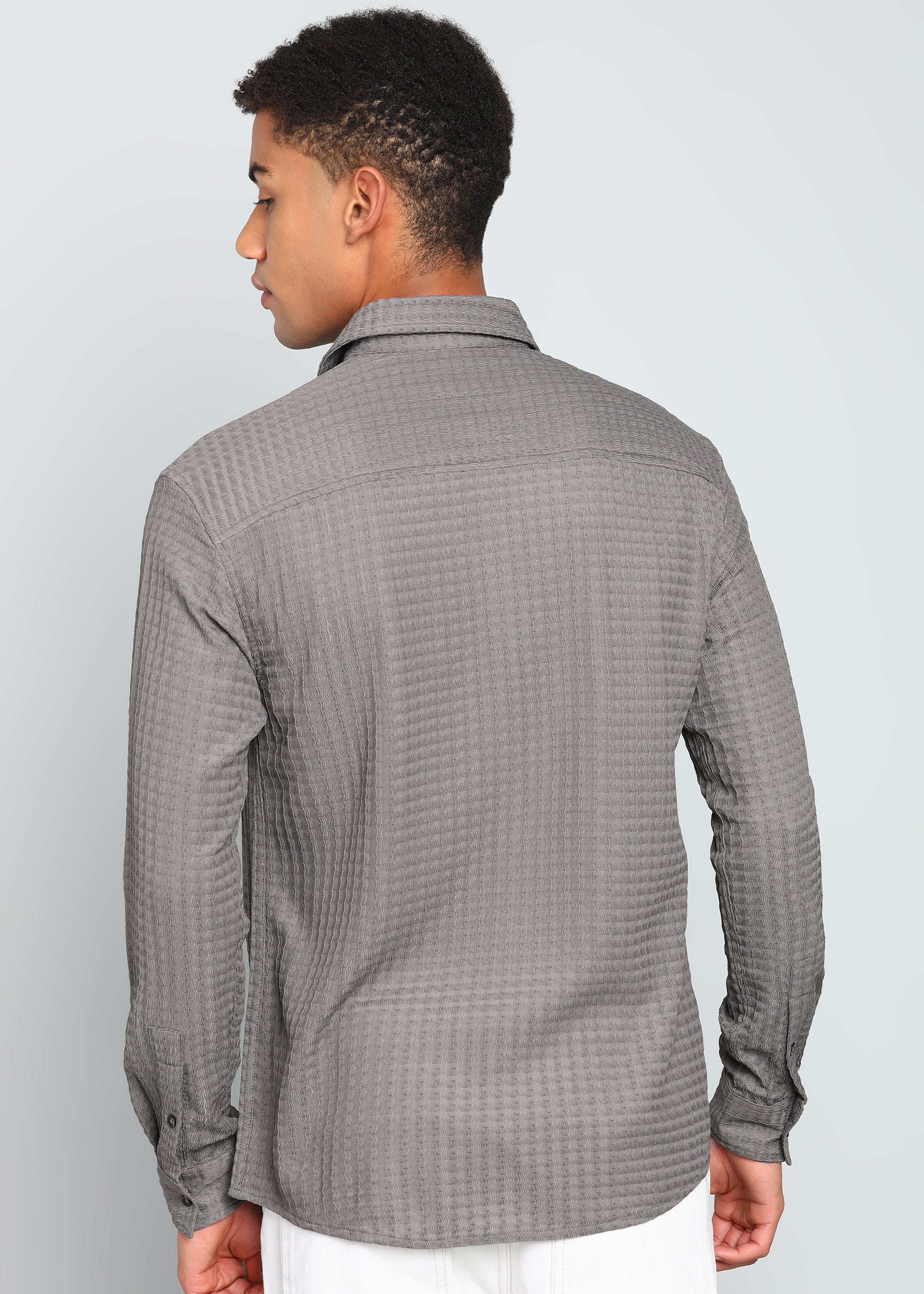 Men’s Grey Textured Polyester Long Sleeve Shirt with Contrast Graphic Patch