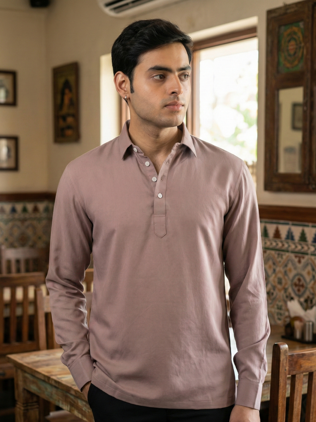 Men’s Dusty Rose Premium Long Sleeve Henley Shirt with Buttoned Cuffs