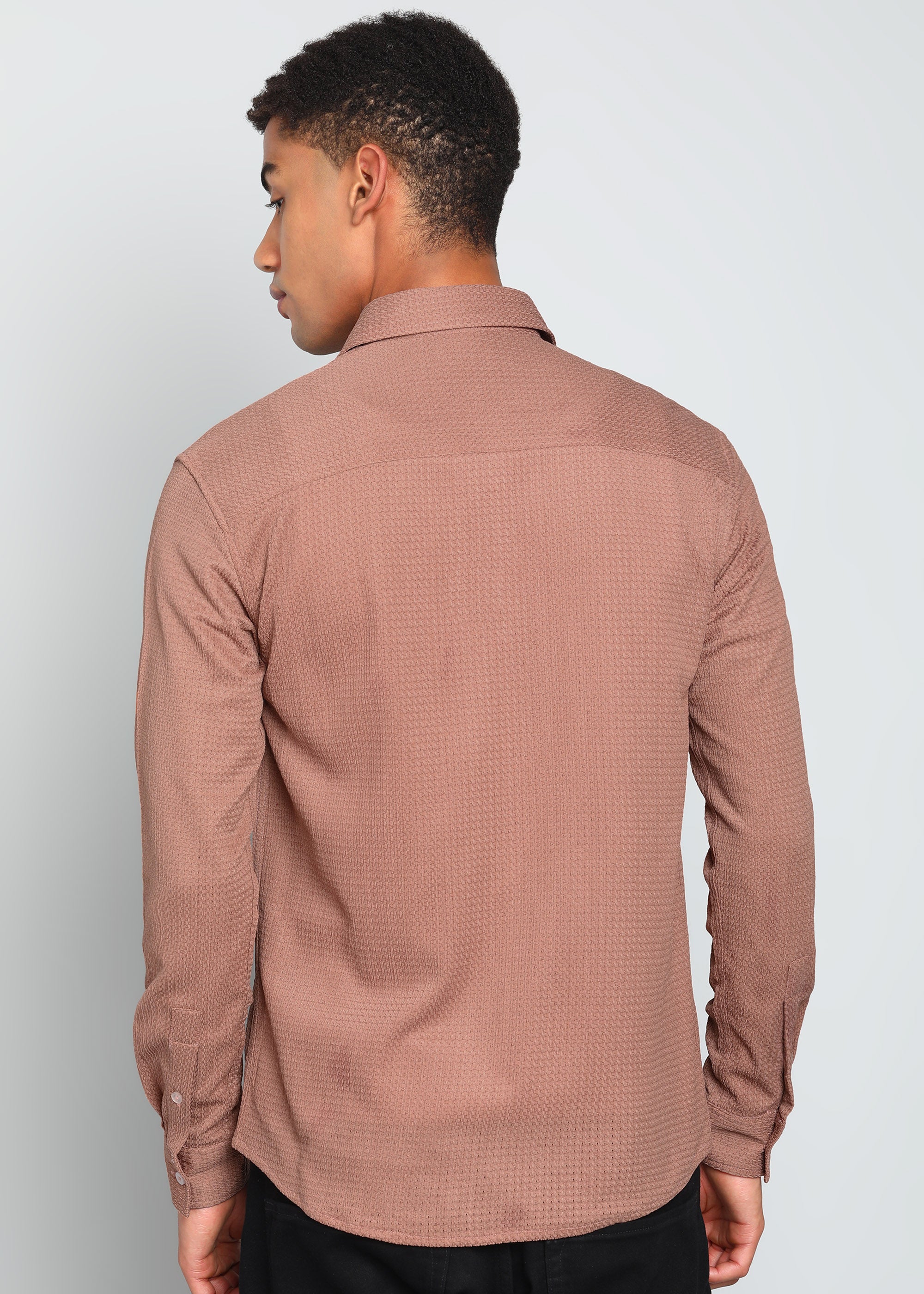 Men’s Dusty Rose Textured Regular Fit Shirt with Floral Chest Embroidery