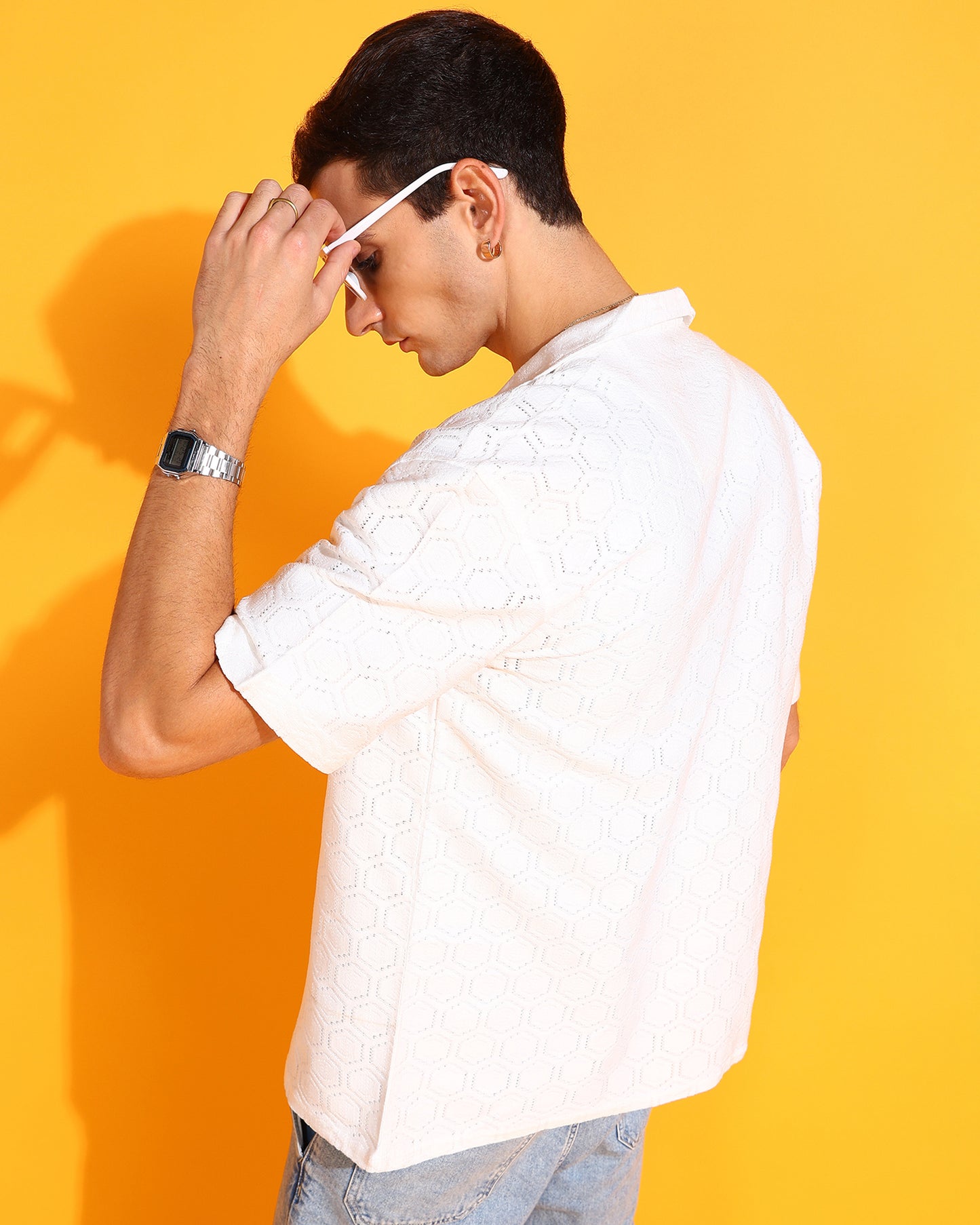 White Crochet Octagon Pattern Shirt