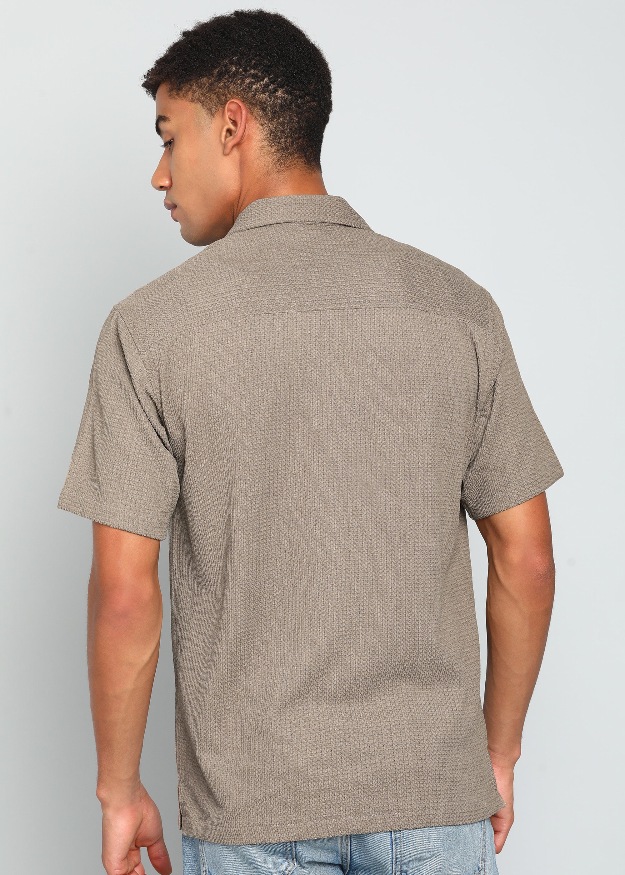 Men’s Taupe Gray Textured Resort Embroidery Shirt