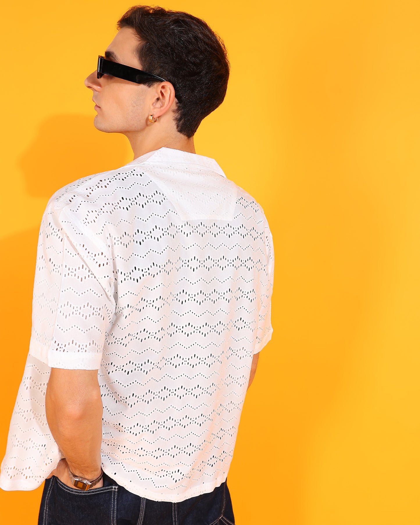 White Textured Crochet Shirt