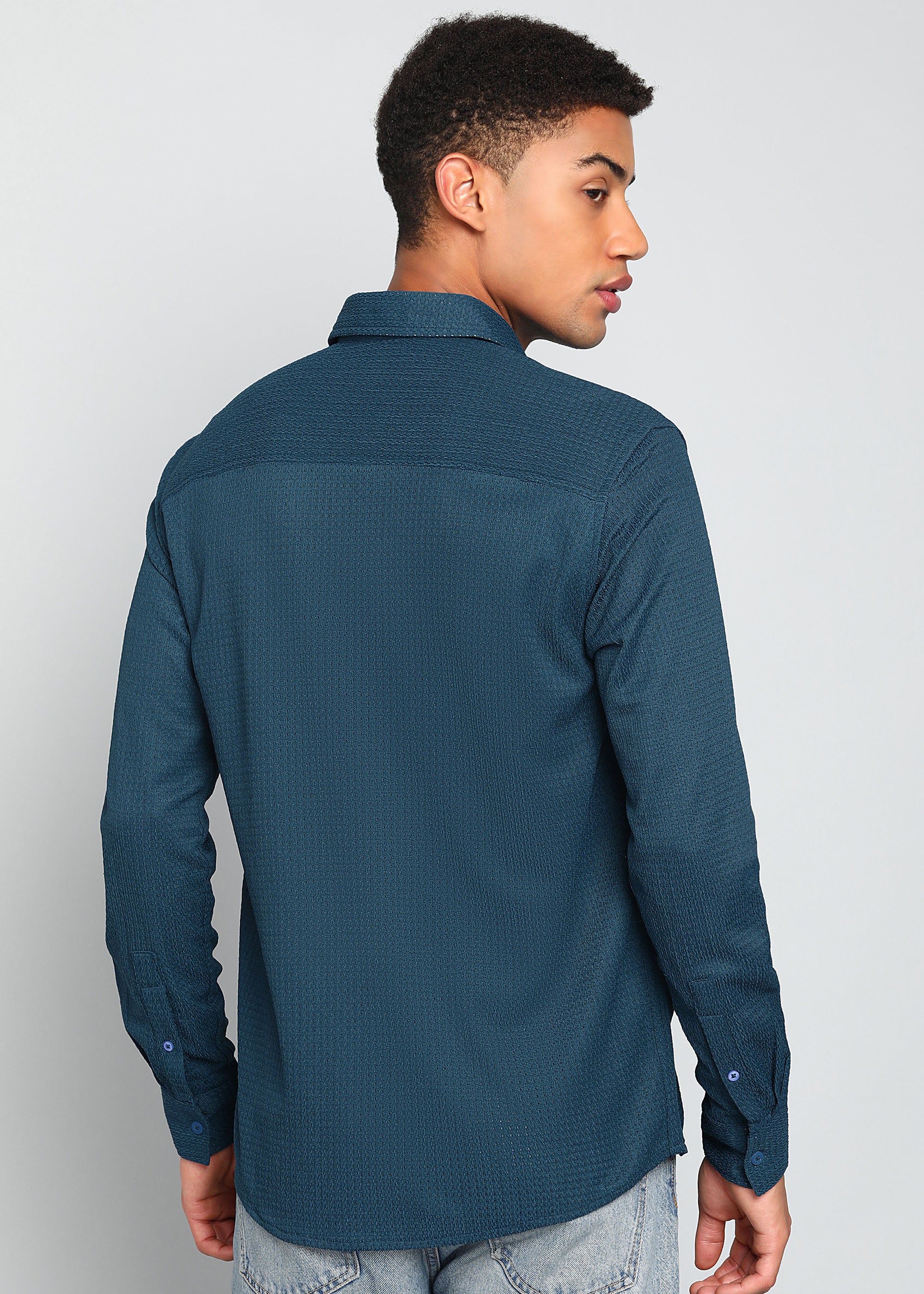 Men’s Teal Blue Textured Regular Fit Shirt with Floral Chest Embroidery