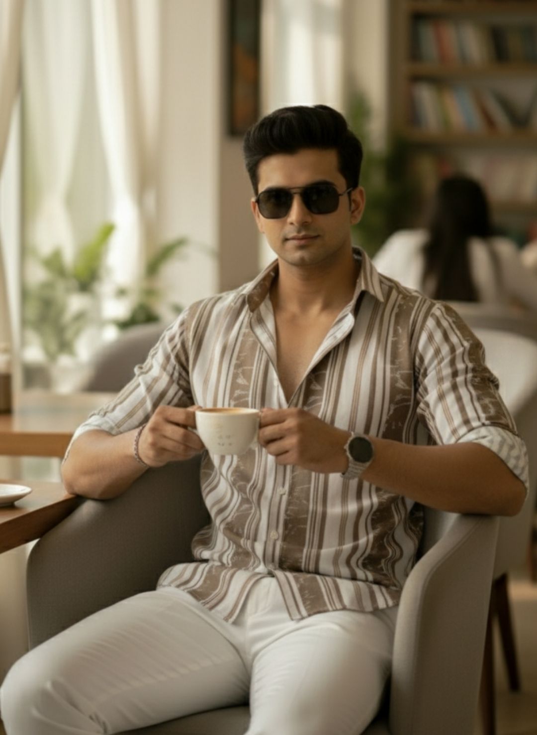 Men's Sand Beige Textured Multi-Color Striped