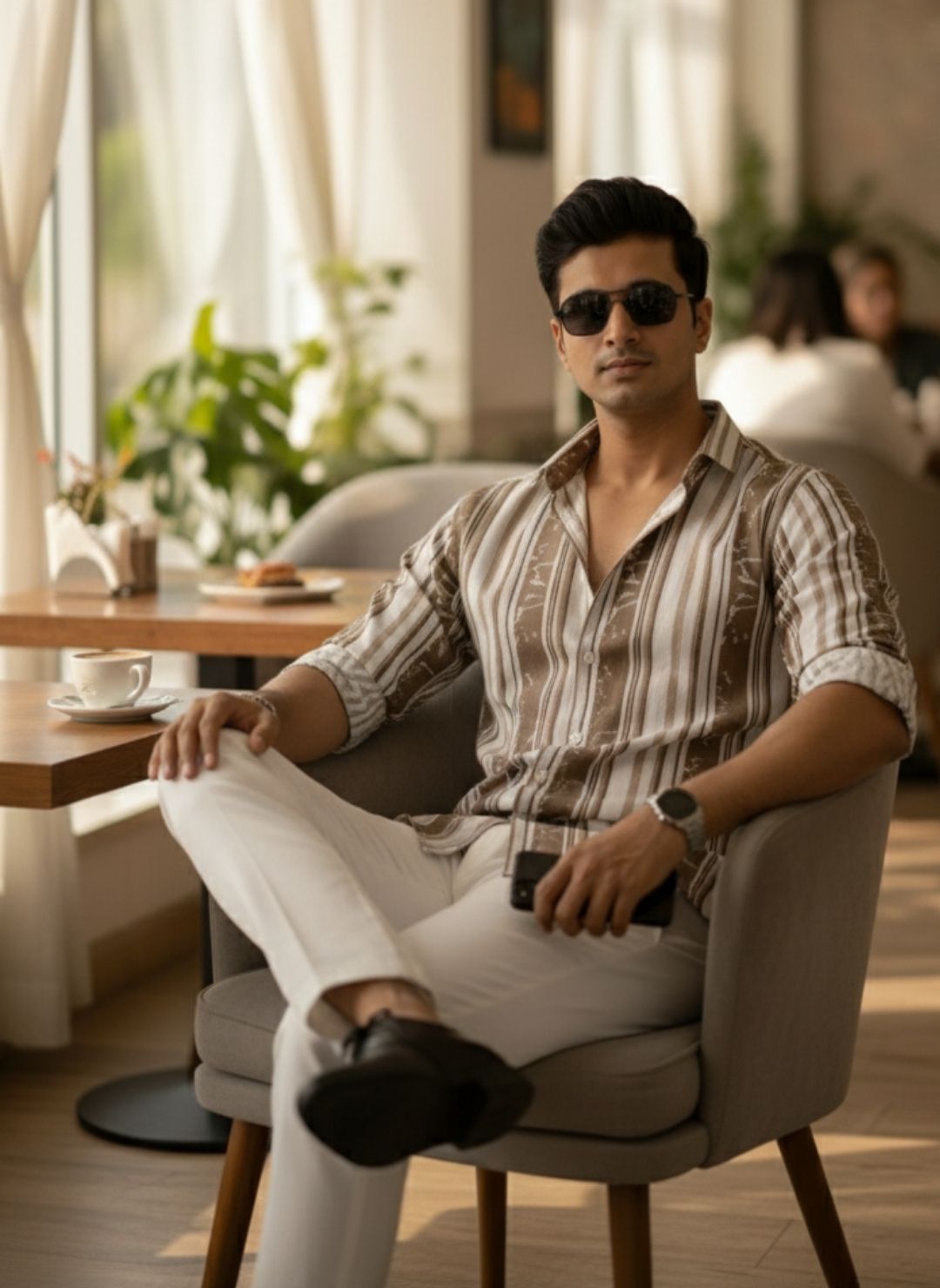 Men's Sand Beige Textured Multi-Color Striped