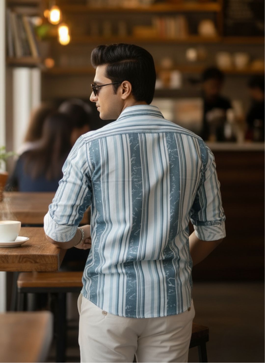 Men's Teal Grey Textured Multi-Color Striped