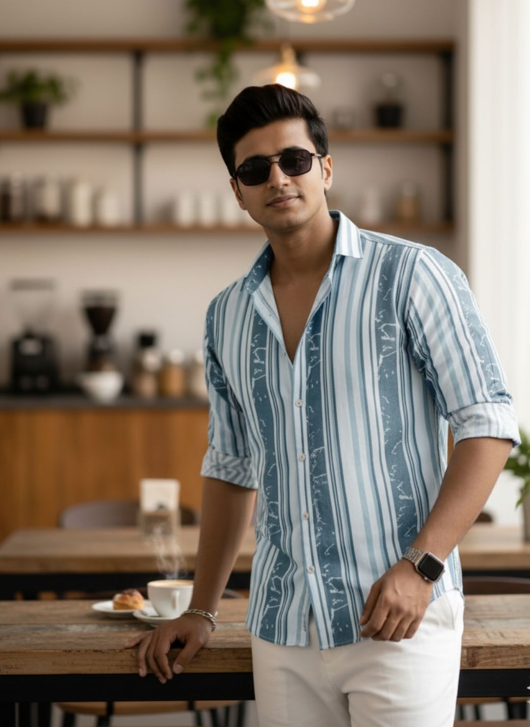 Men's Teal Grey Textured Multi-Color Striped