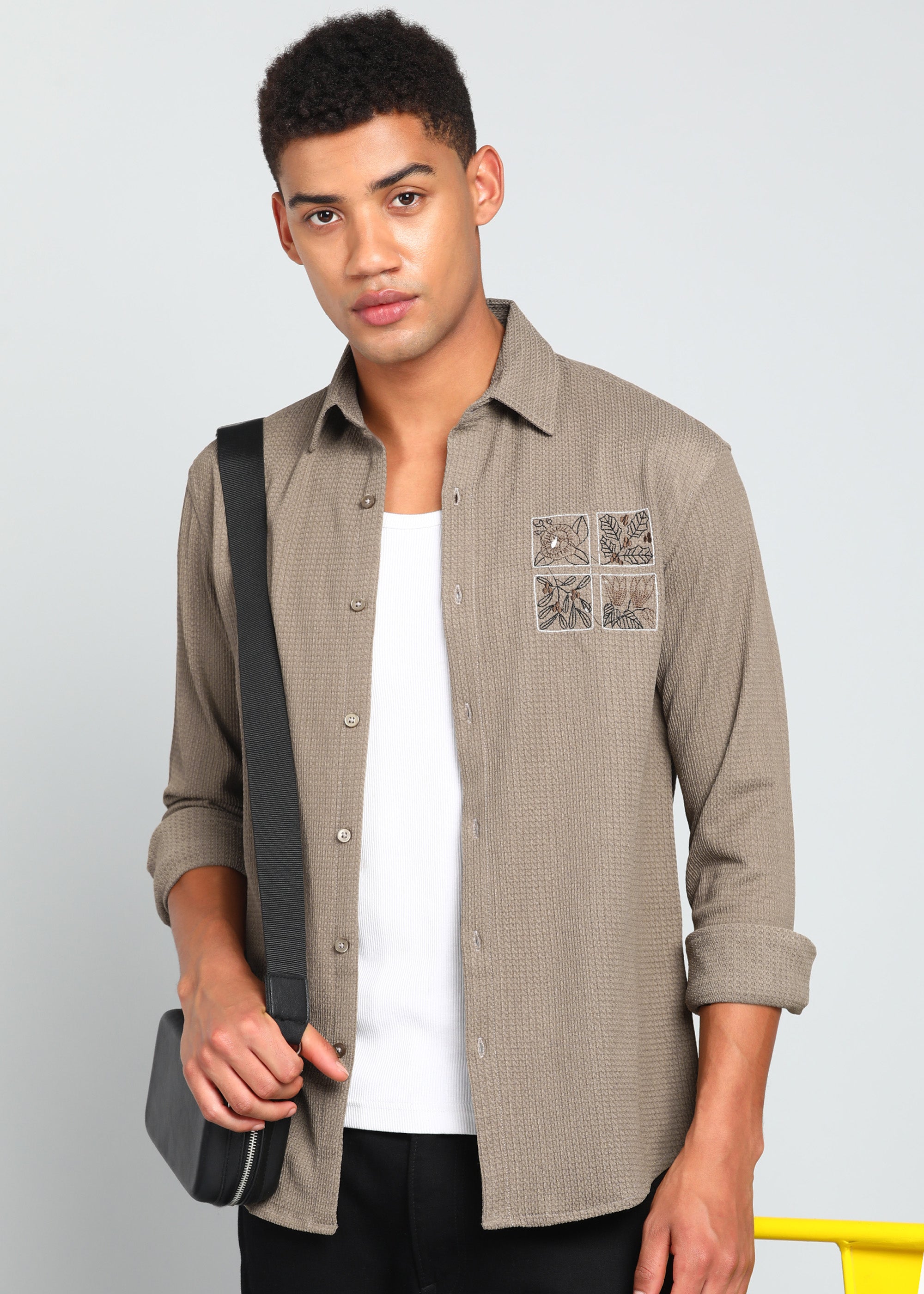 Men’s Beige Textured Regular Fit Shirt with Floral Chest Embroidery
