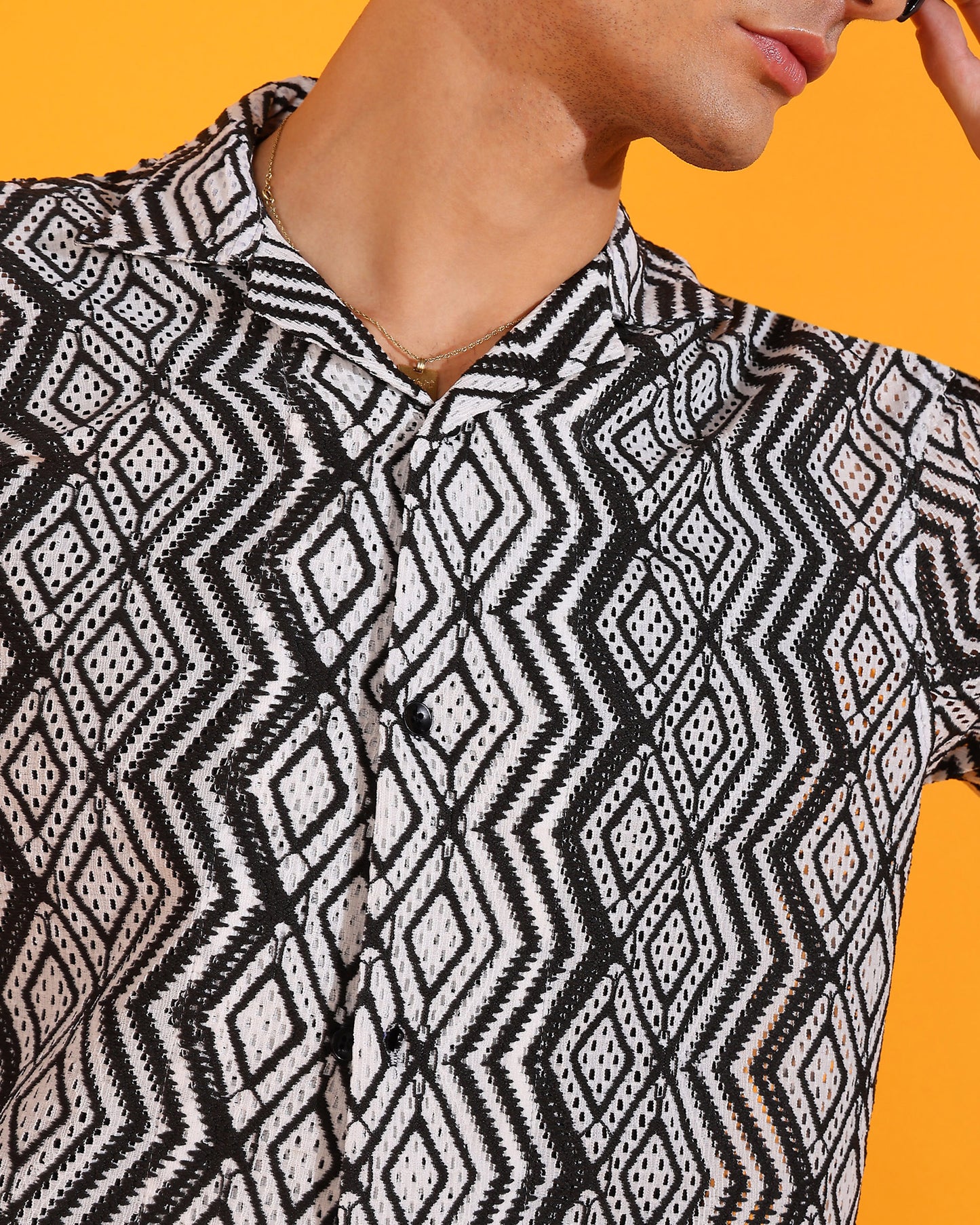 Rhombus Pattern Black and White Crochet Shirt