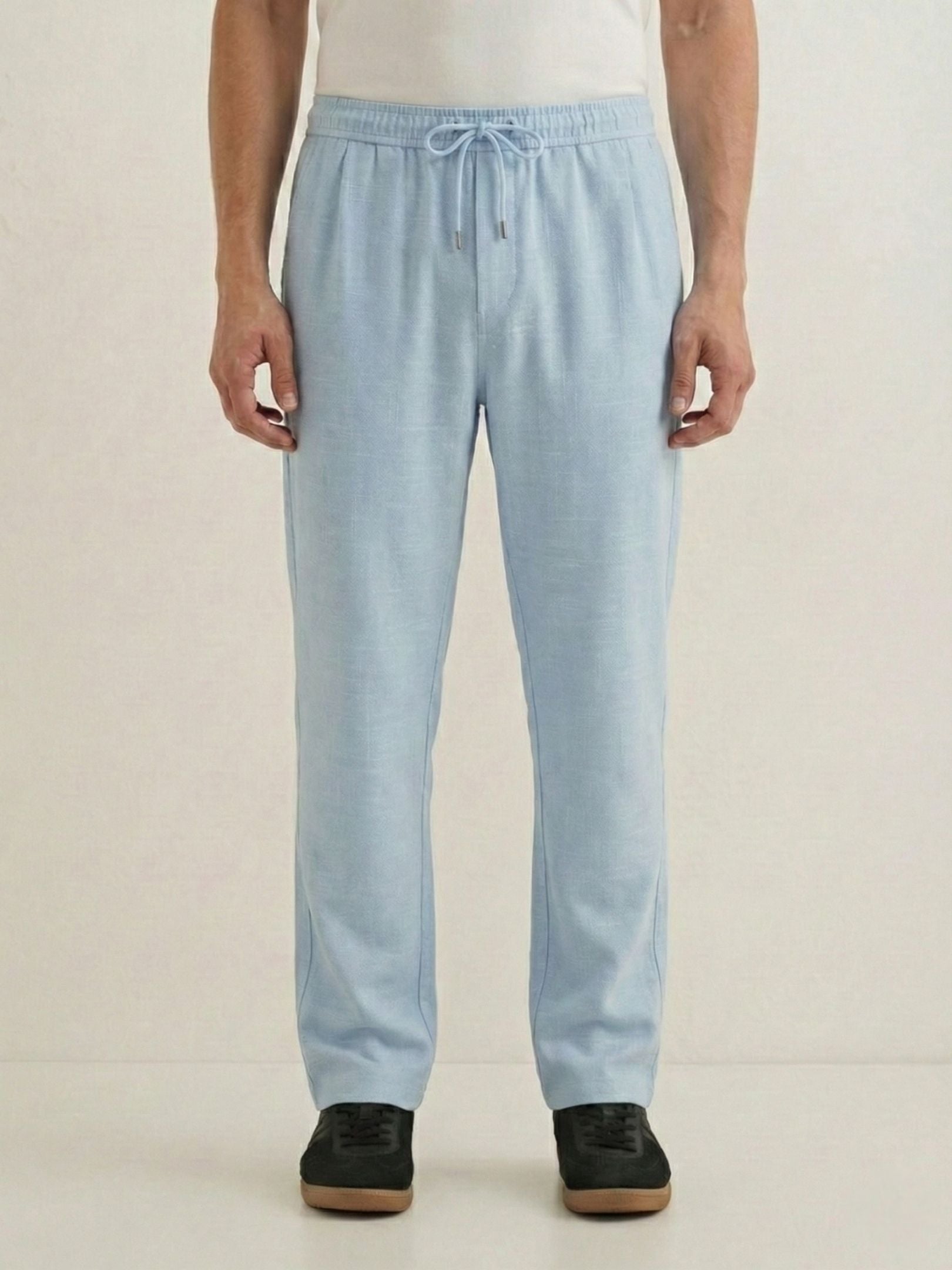 Men's Sky Blue Textured Relaxed Fit Trousers with Elasticated Drawstring Waist