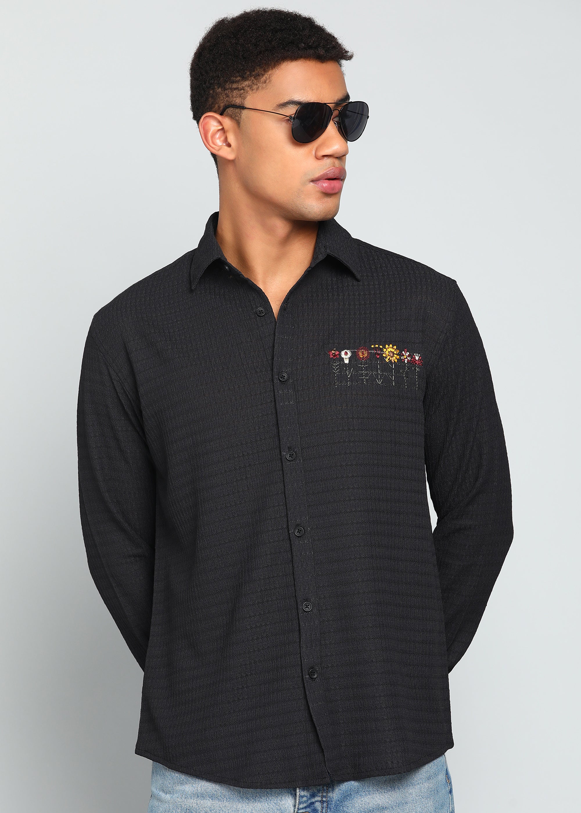 Men’s Black Textured Polyester Long-Sleeve Shirt with Floral Chest Embroidery