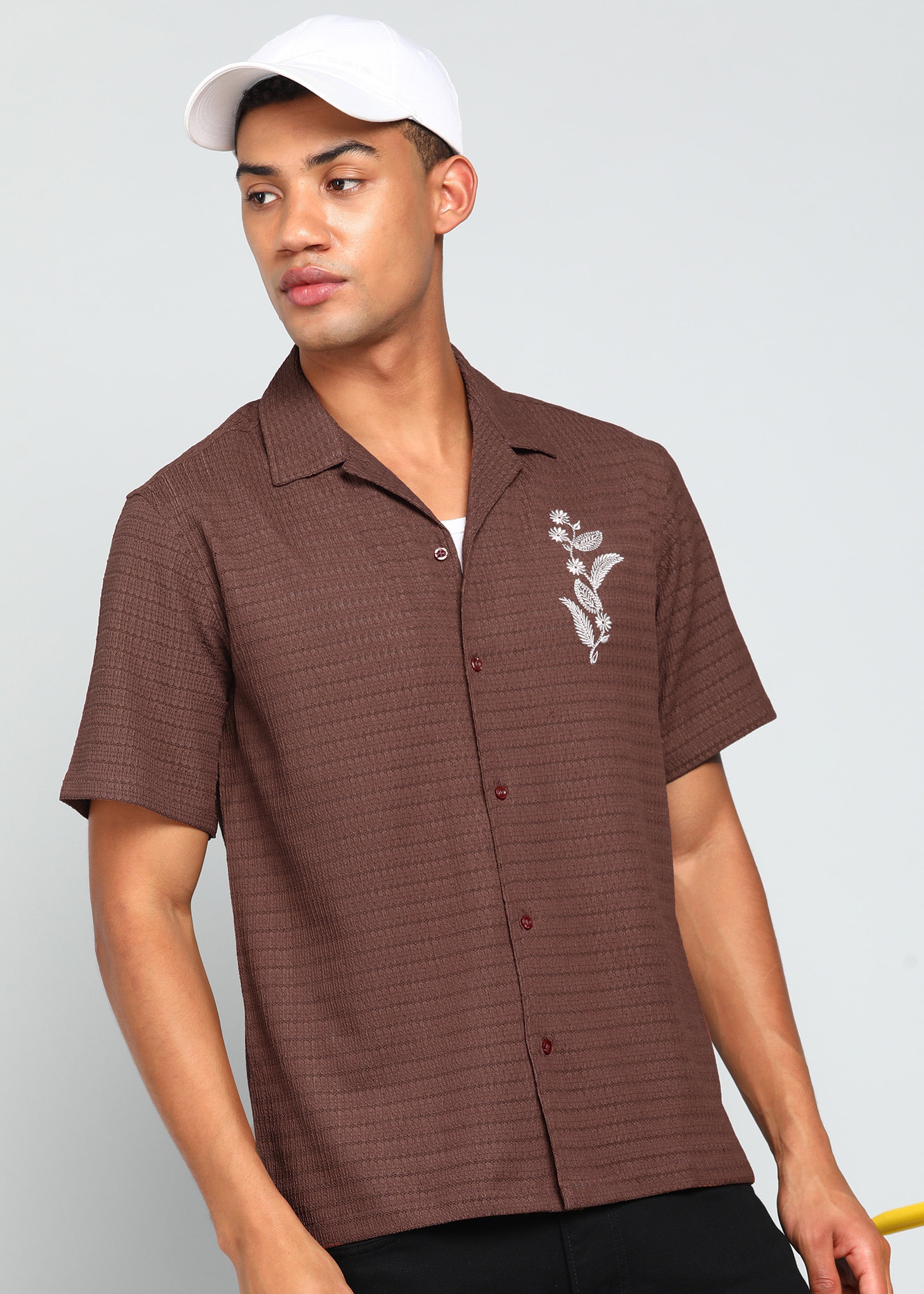 Men’s Maroon Textured Short-Sleeve Cuban Shirt with Floral Embroidery
