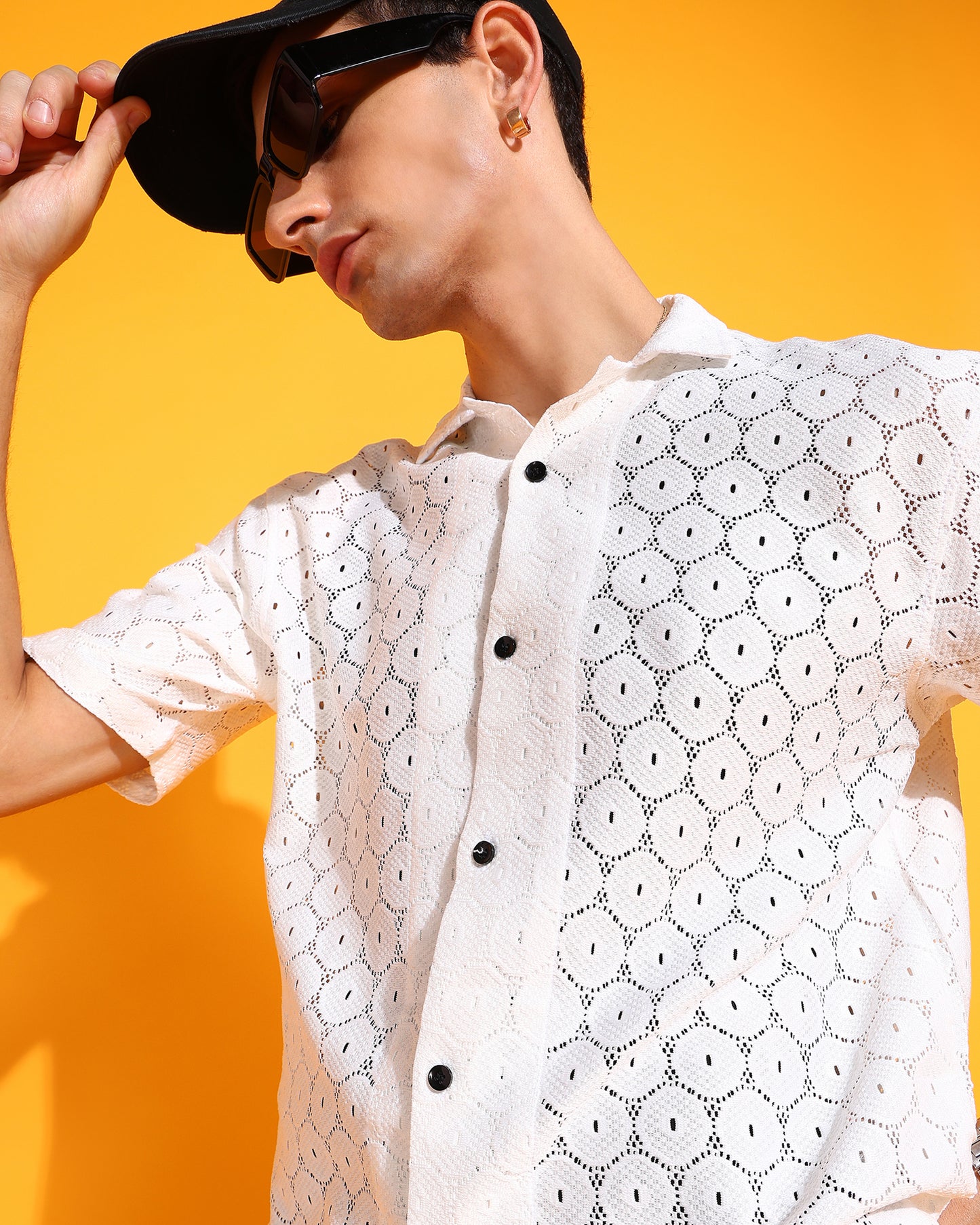 Geomatric White Crochet Pentagon Pattern Shirt