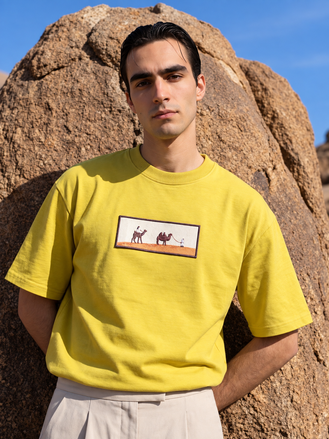 Men's Premium Oversized T-Shirt with Desert Camel Graphic Patch - Yellow