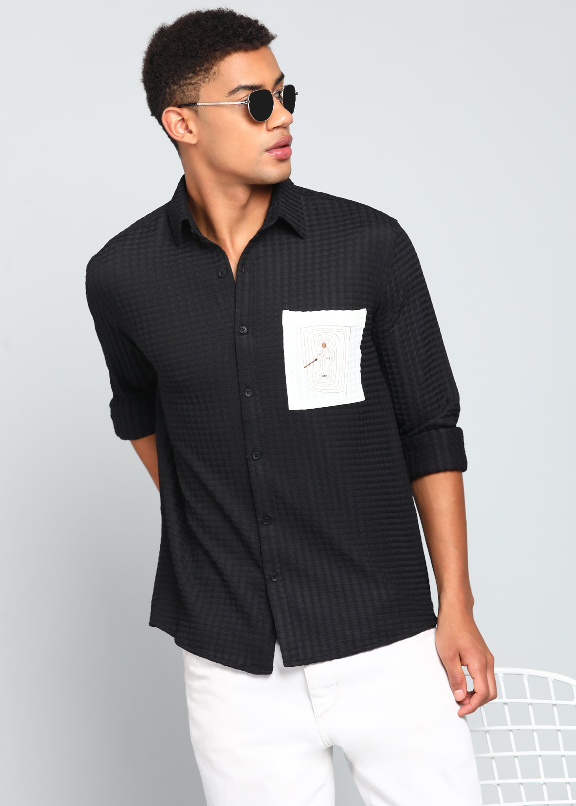 Men’s Black Textured Polyester Long Sleeve Shirt with Contrast Graphic Patch