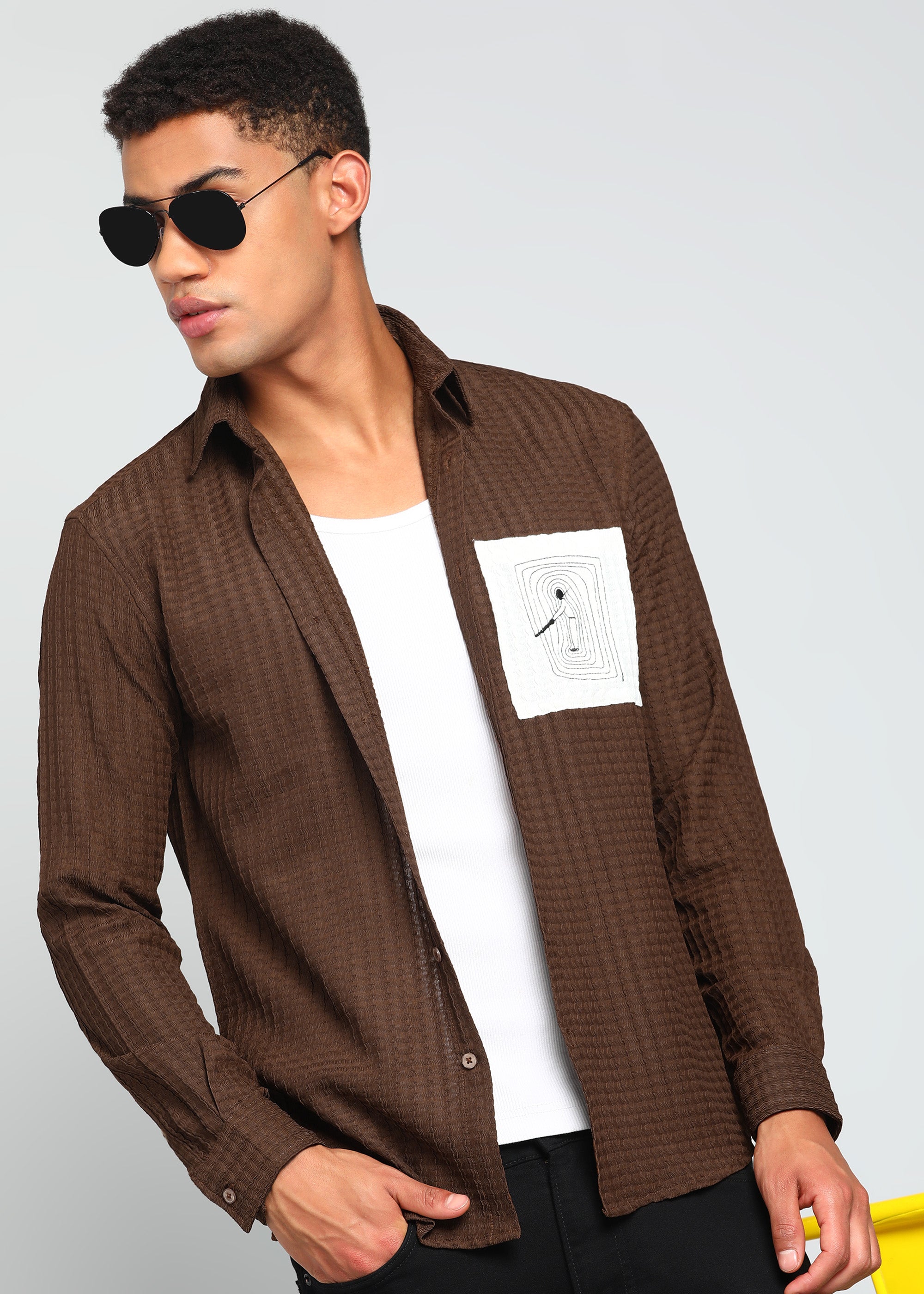 Men’s Brown Textured Polyester Long Sleeve Shirt with Contrast Graphic Patch