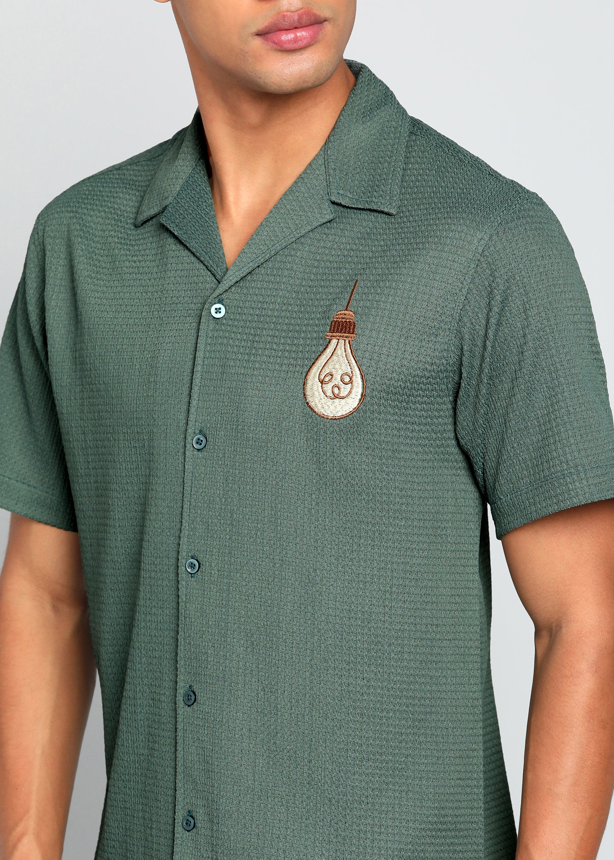 Men’s Sage Green Textured Resort Embroidery Shirt