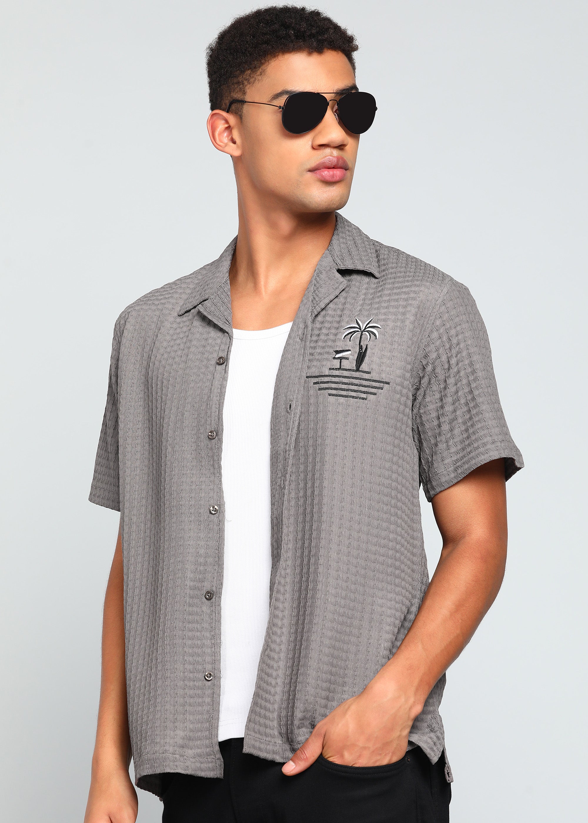 Men’s Grey Textured Seersucker Cuban Collar Shirt with Palm Embroidery