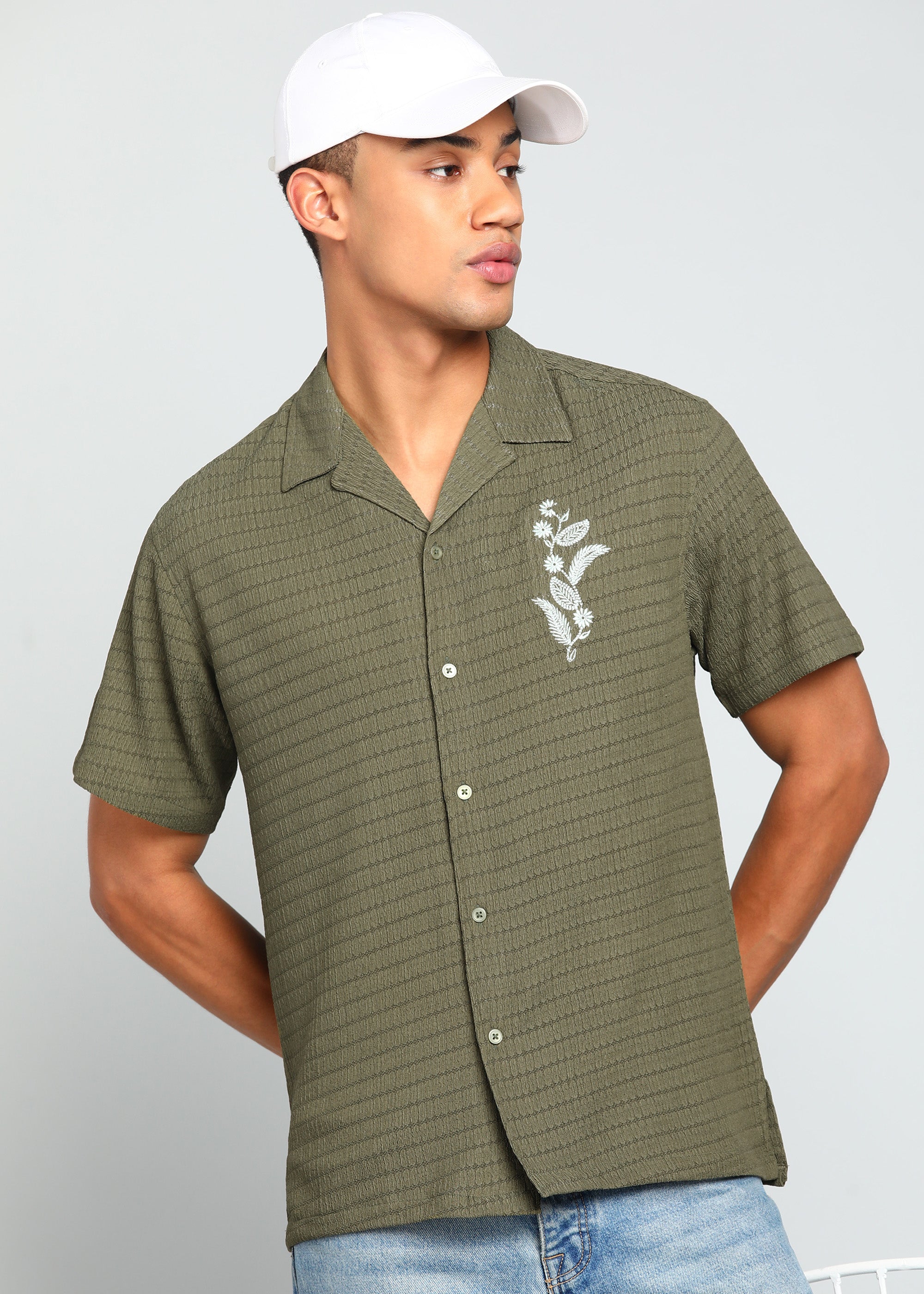 Men’s Olive Green Textured Short-Sleeve Cuban Shirt with Floral Embroidery