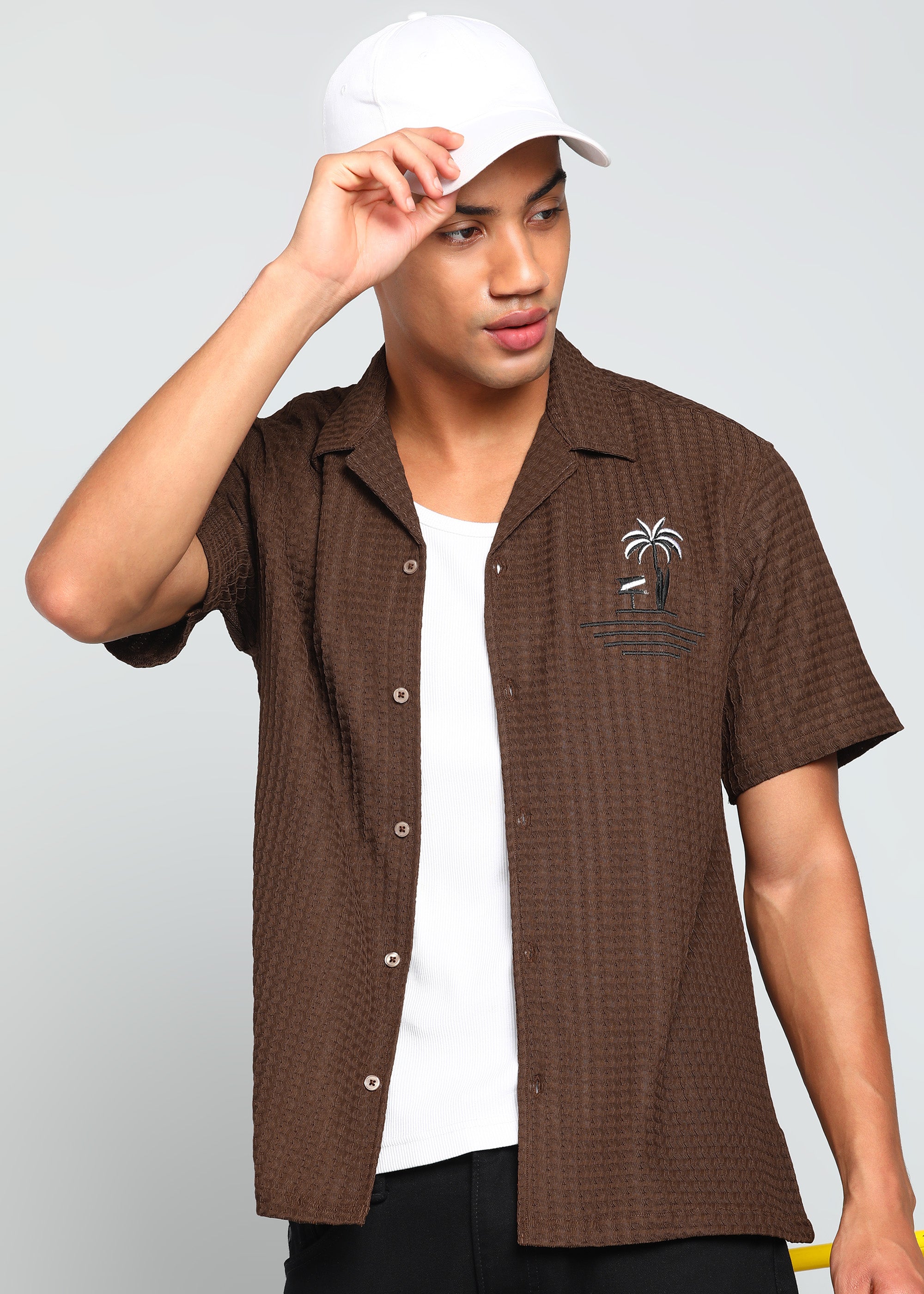 Men’s Brown Textured Seersucker Cuban Collar Shirt with Palm Embroidery