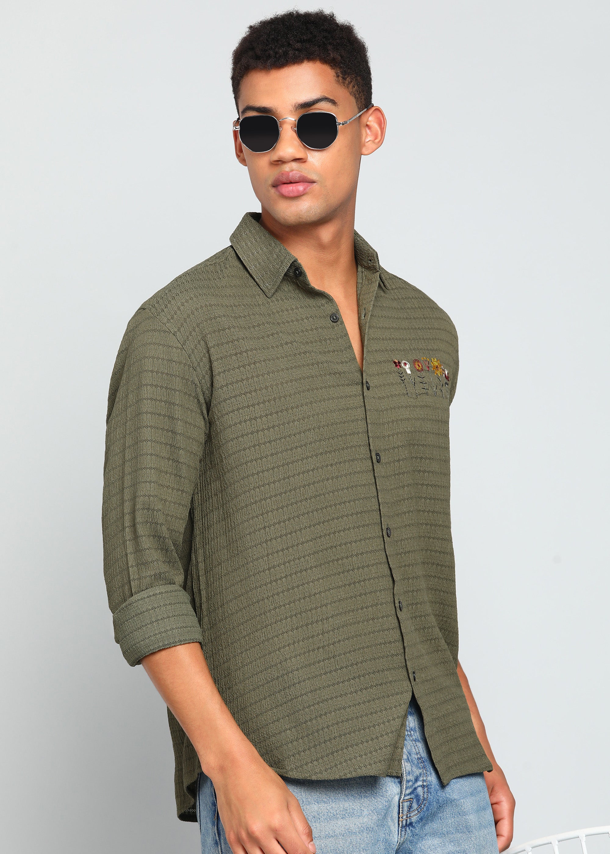 Men’s Olive Green Textured Long-Sleeve Shirt with Embroidered Floral