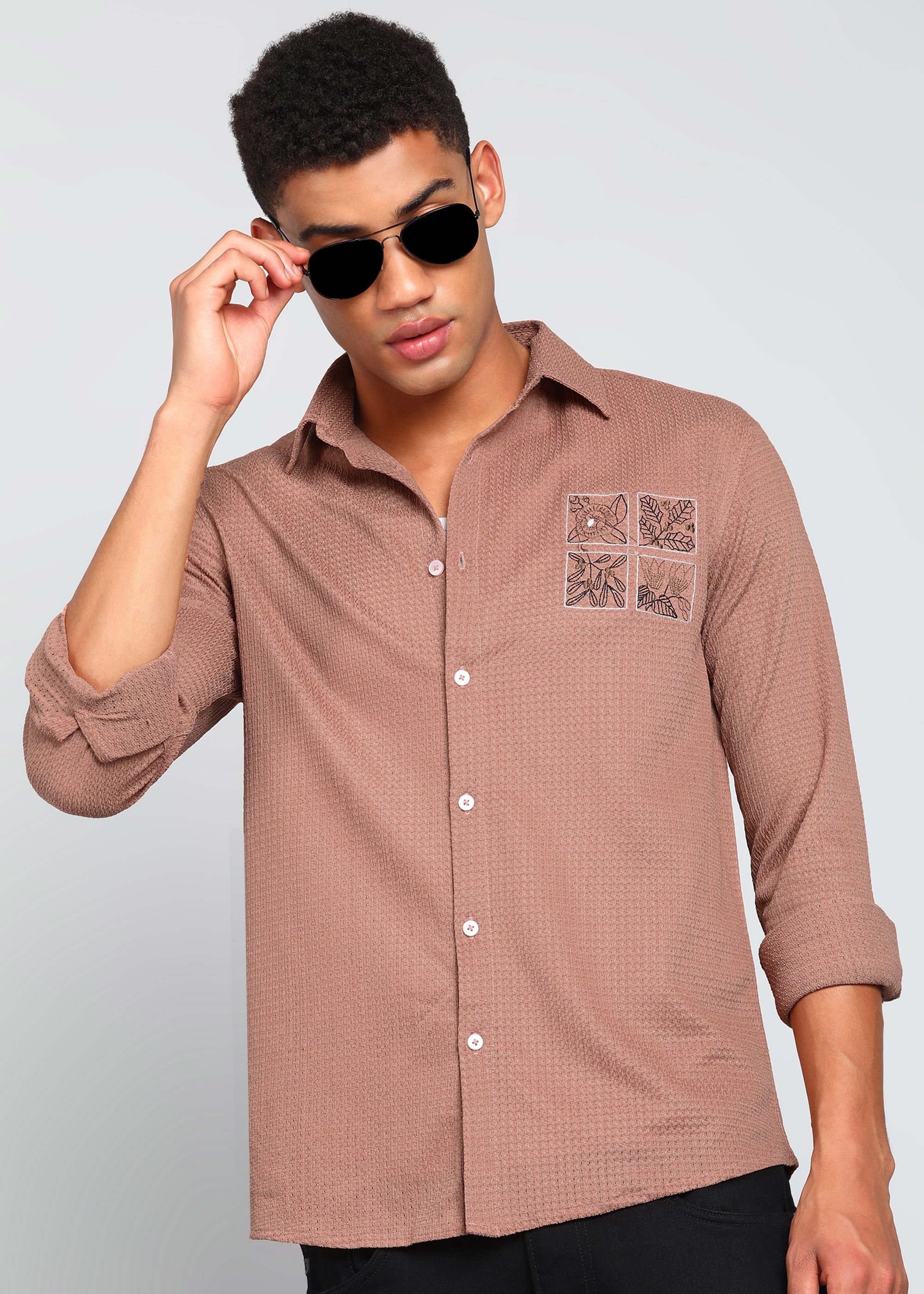 Men’s Dusty Rose Textured Regular Fit Shirt with Floral Chest Embroidery