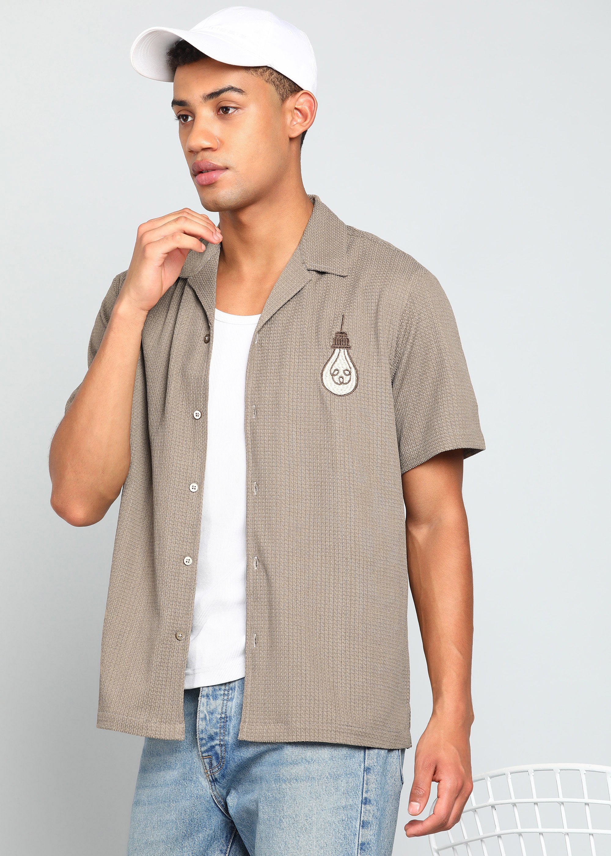 Men’s Taupe Gray Textured Resort Embroidery Shirt
