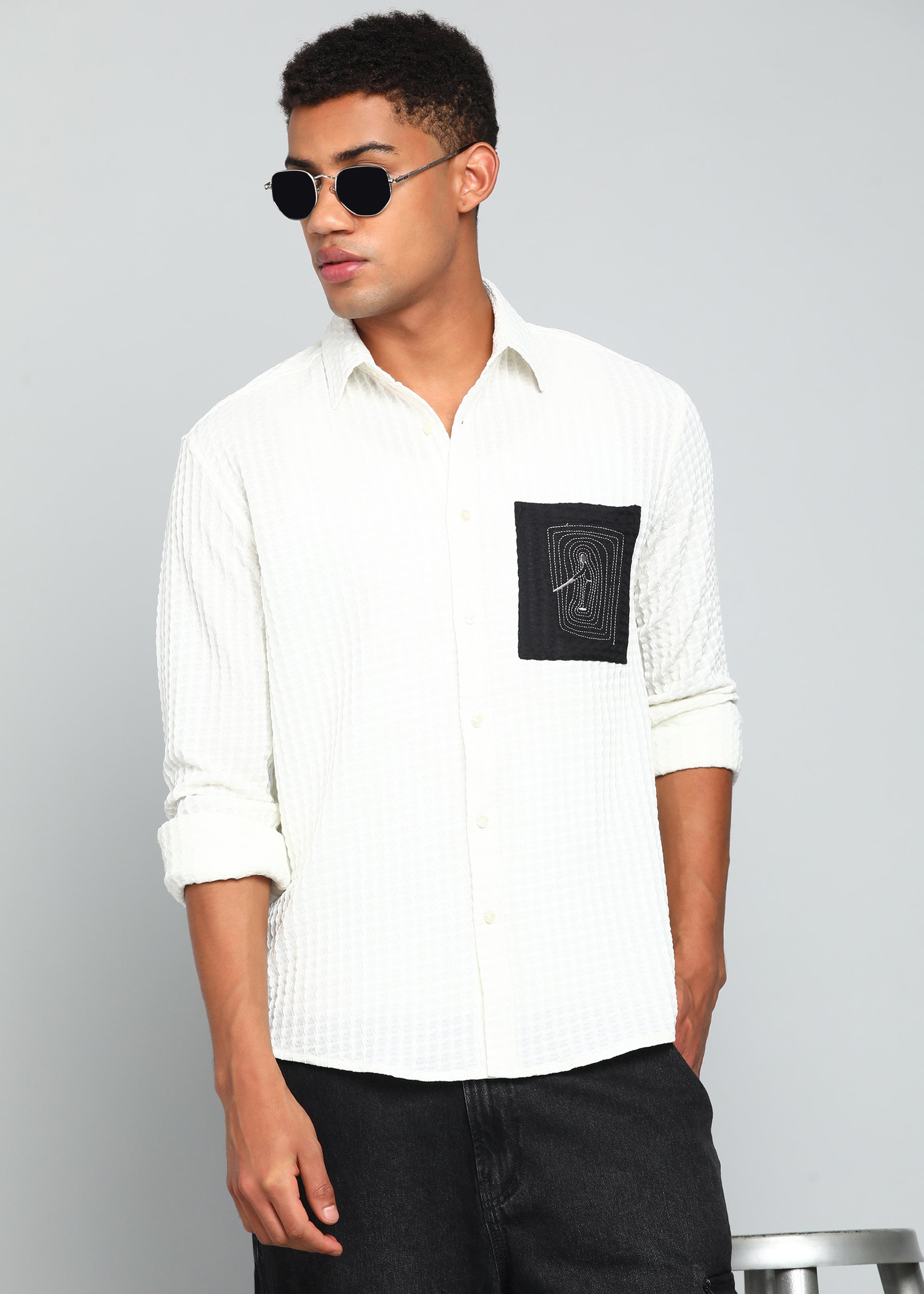 Men’s White Textured Polyester Long Sleeve Shirt with Contrast Graphic Patch