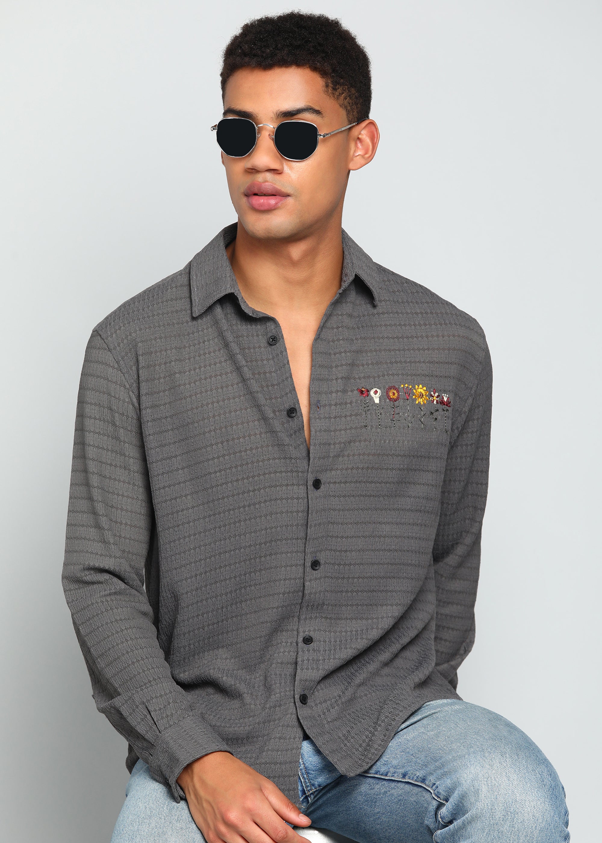 Men’s Grey Textured Polyester Long-Sleeve Shirt with Multi-Color Flower Embroidery