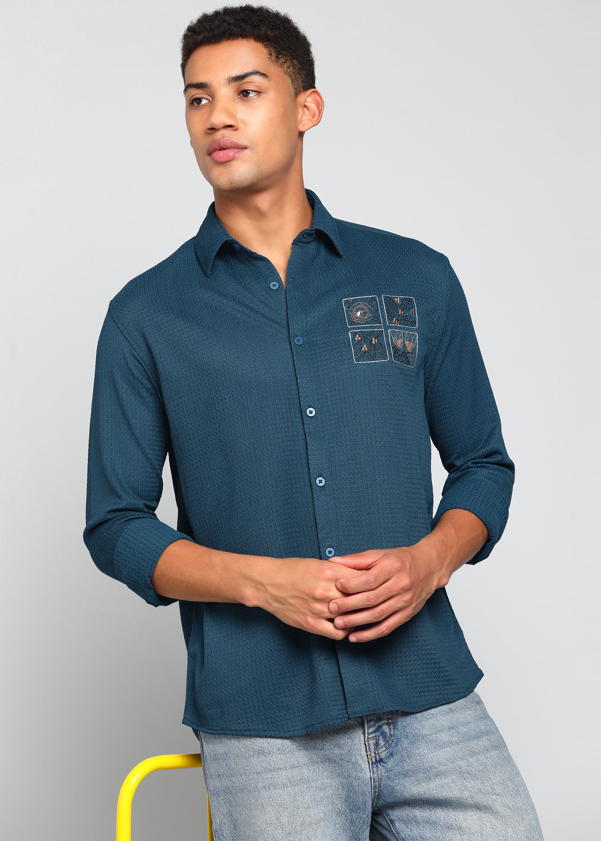 Men’s Teal Blue Textured Regular Fit Shirt with Floral Chest Embroidery