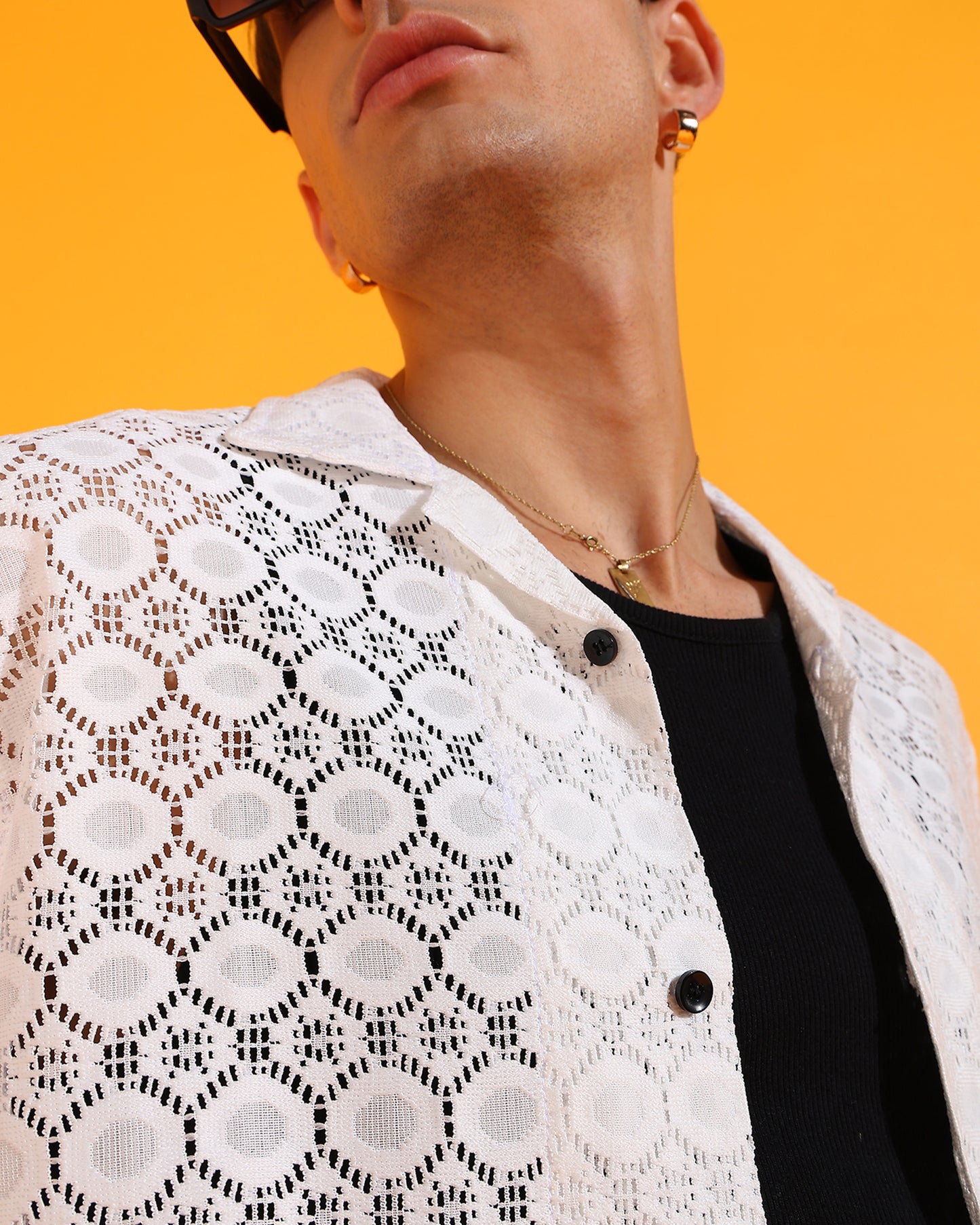 White Crochet Hexagon Pattern Shirt